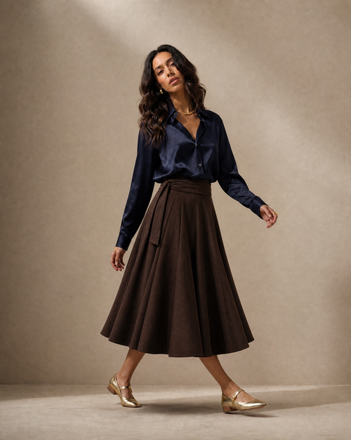 Wraparound Godet Midi Skirt in Chocolate Brown