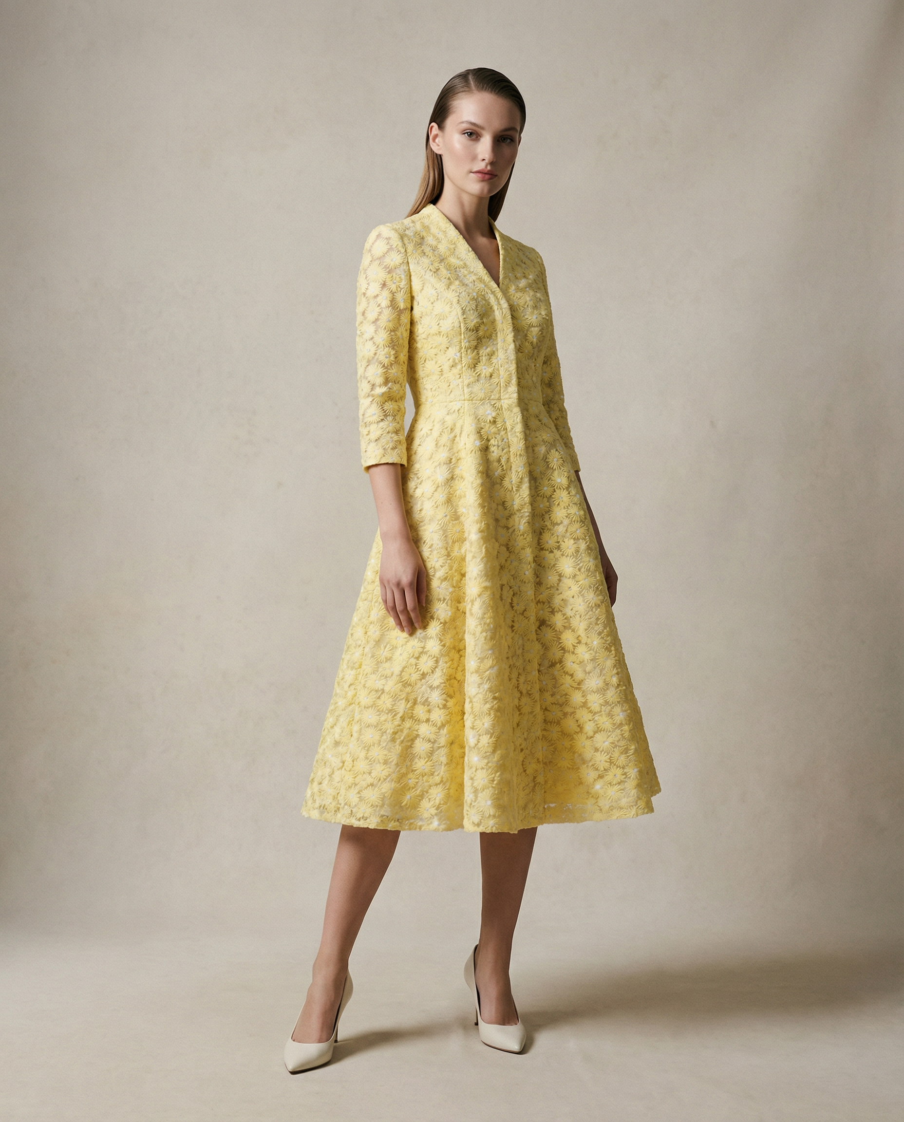 Yellow Floral Embroidered Tailored Coat Dress