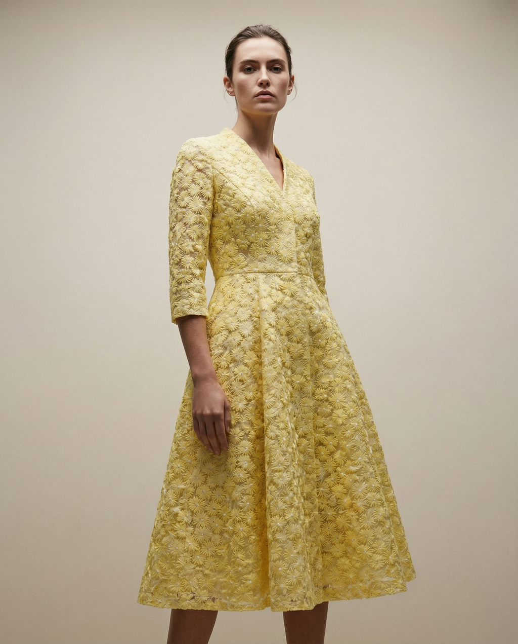 Yellow Floral Embroidered Tailored Coat Dress