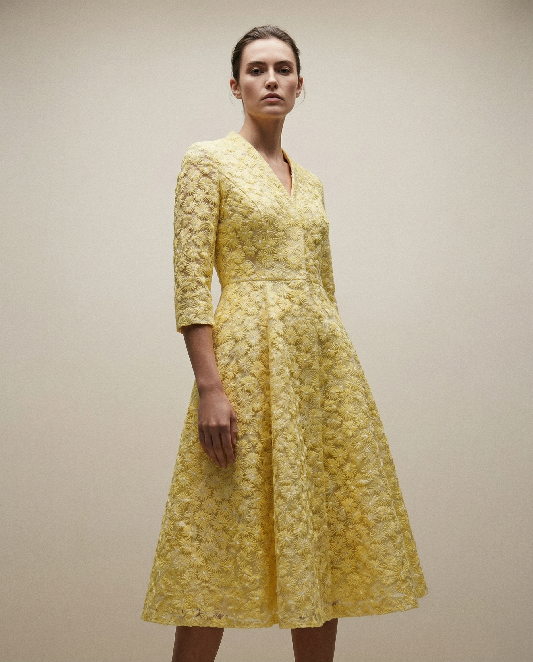 Yellow Floral Embroidered Tailored Coat Dress