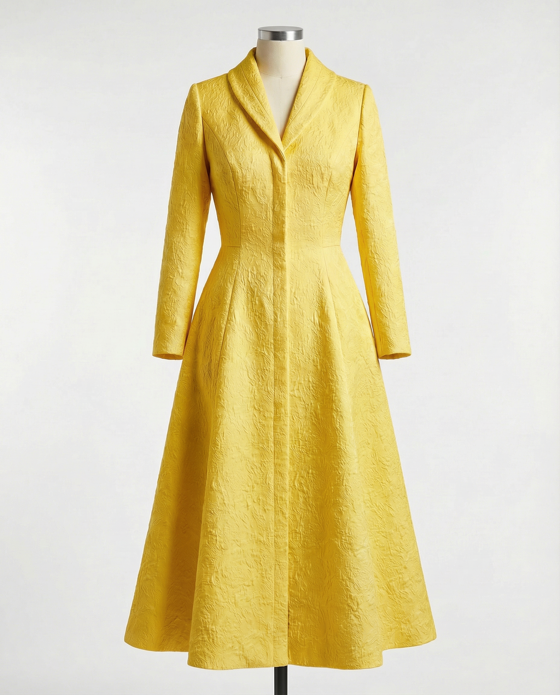 Yellow Structured Coat Dress with Bias-Cut Shawl Collar