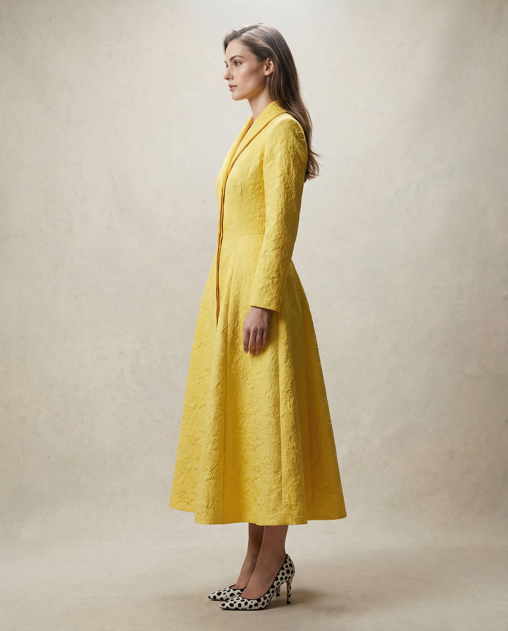 Yellow Structured Coat Dress with Bias-Cut Shawl Collar