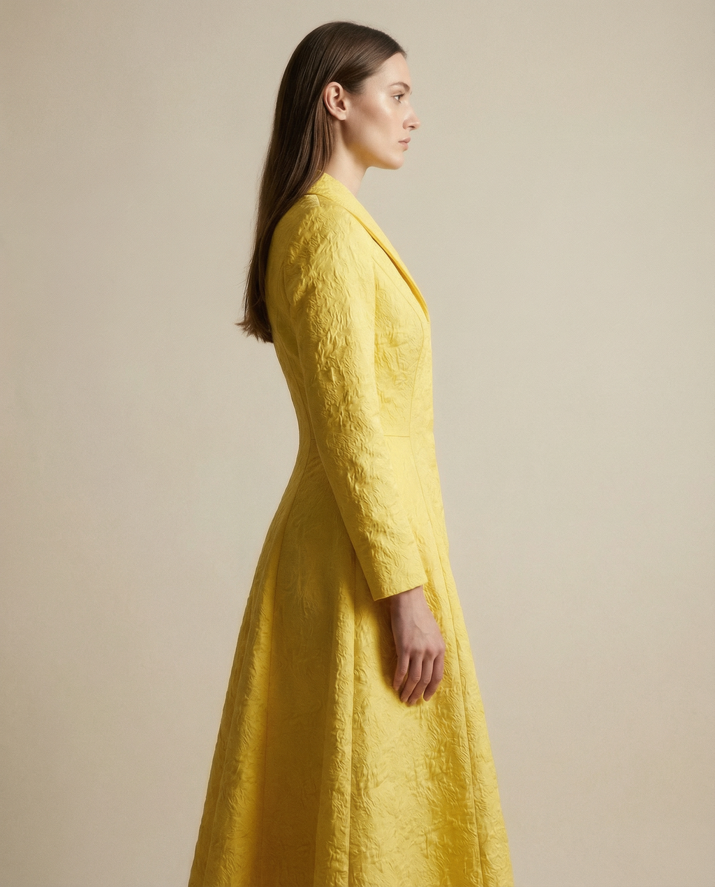 Yellow Structured Coat Dress with Bias-Cut Shawl Collar