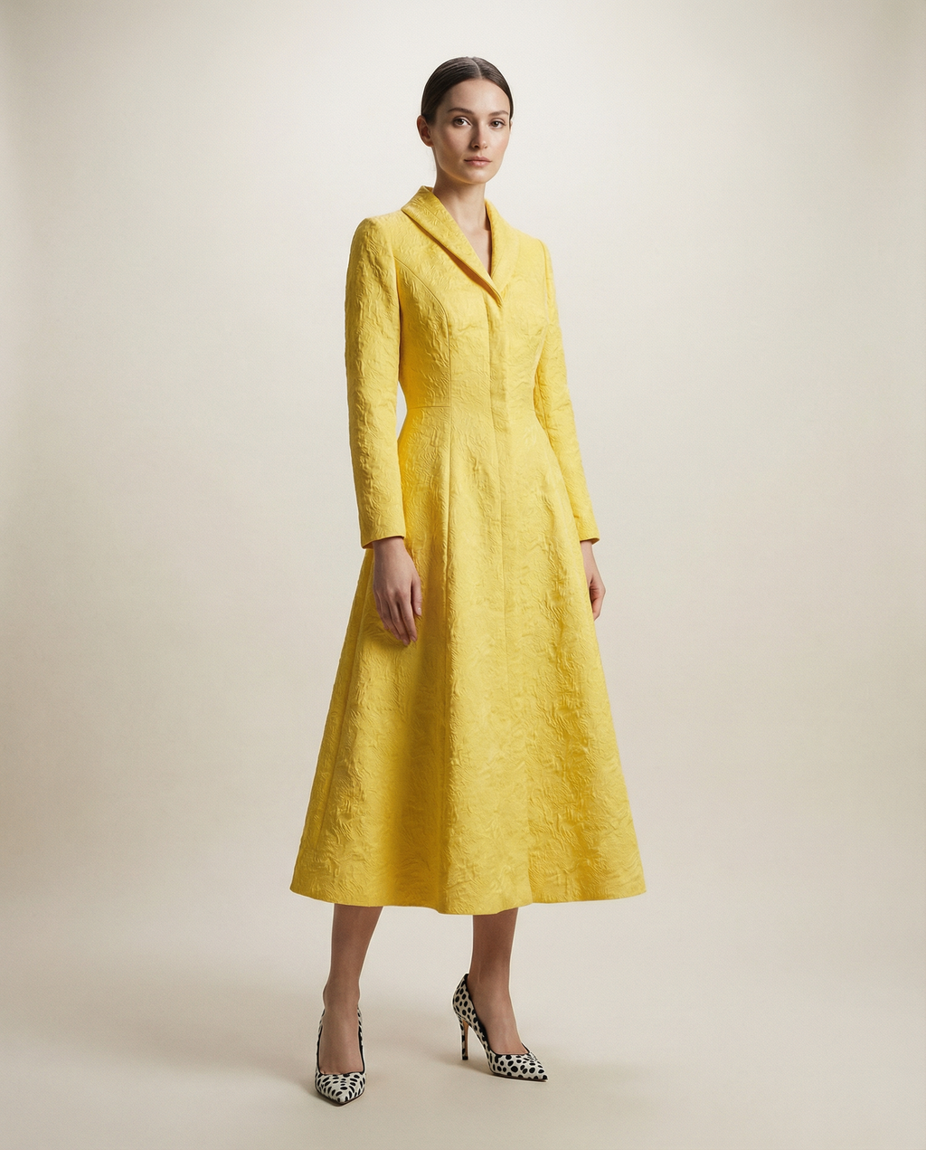 Yellow Structured Coat Dress with Bias-Cut Shawl Collar