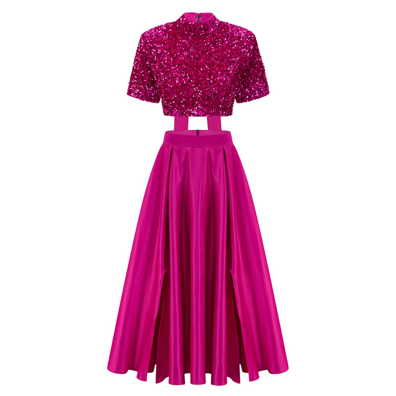 Cropped Sequin Top and Silken Skirt With Slits and Bow- Pink