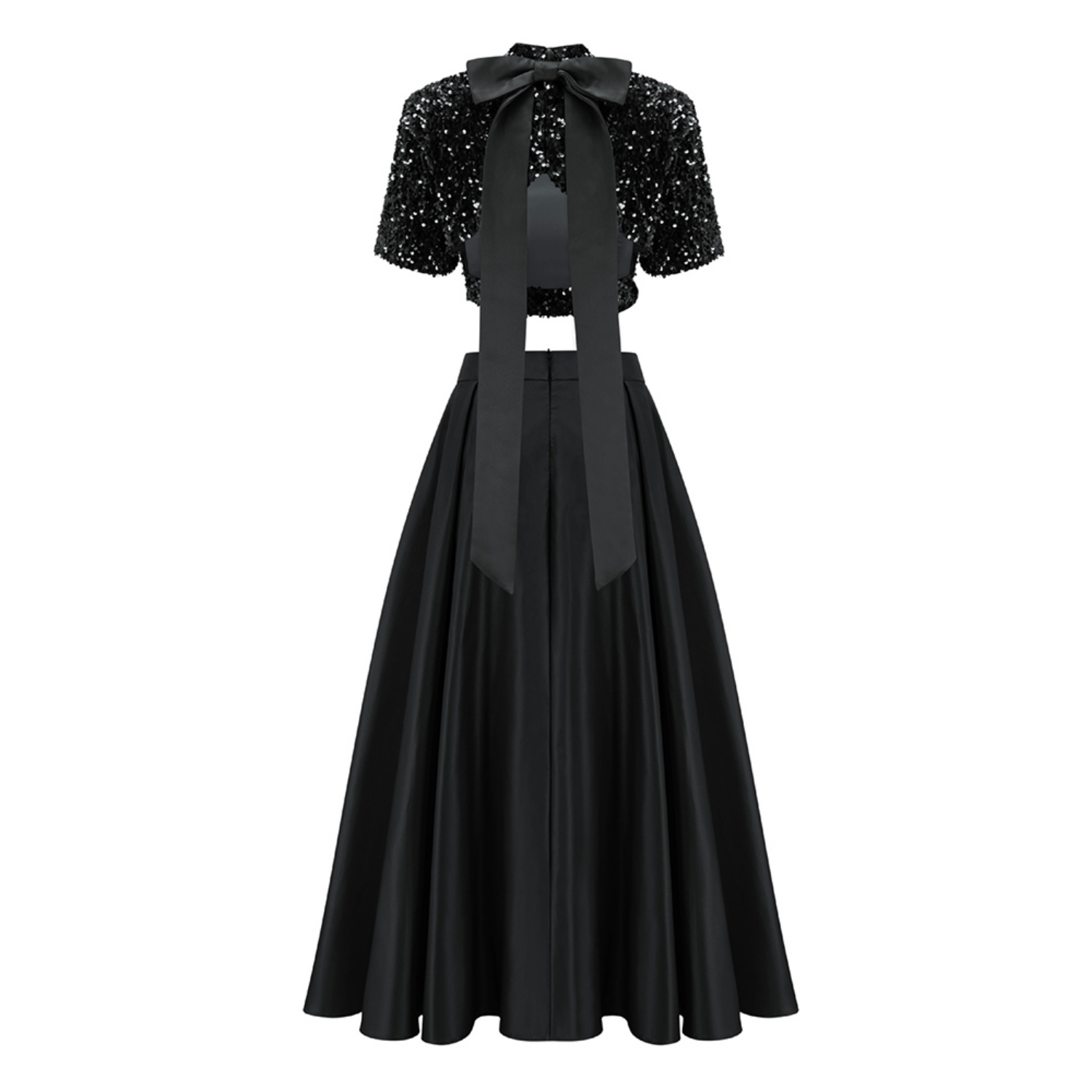 Cropped Sequin Top and Silken Skirt With Slits and Bow- Black