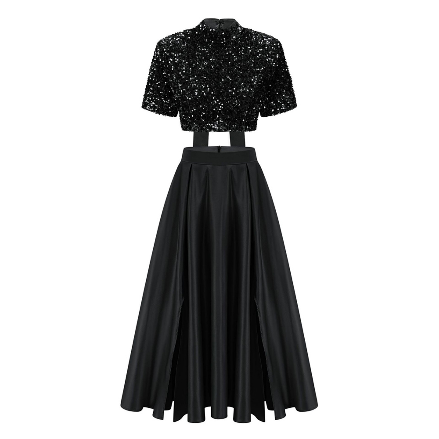 Cropped Sequin Top and Silken Skirt With Slits and Bow- Black