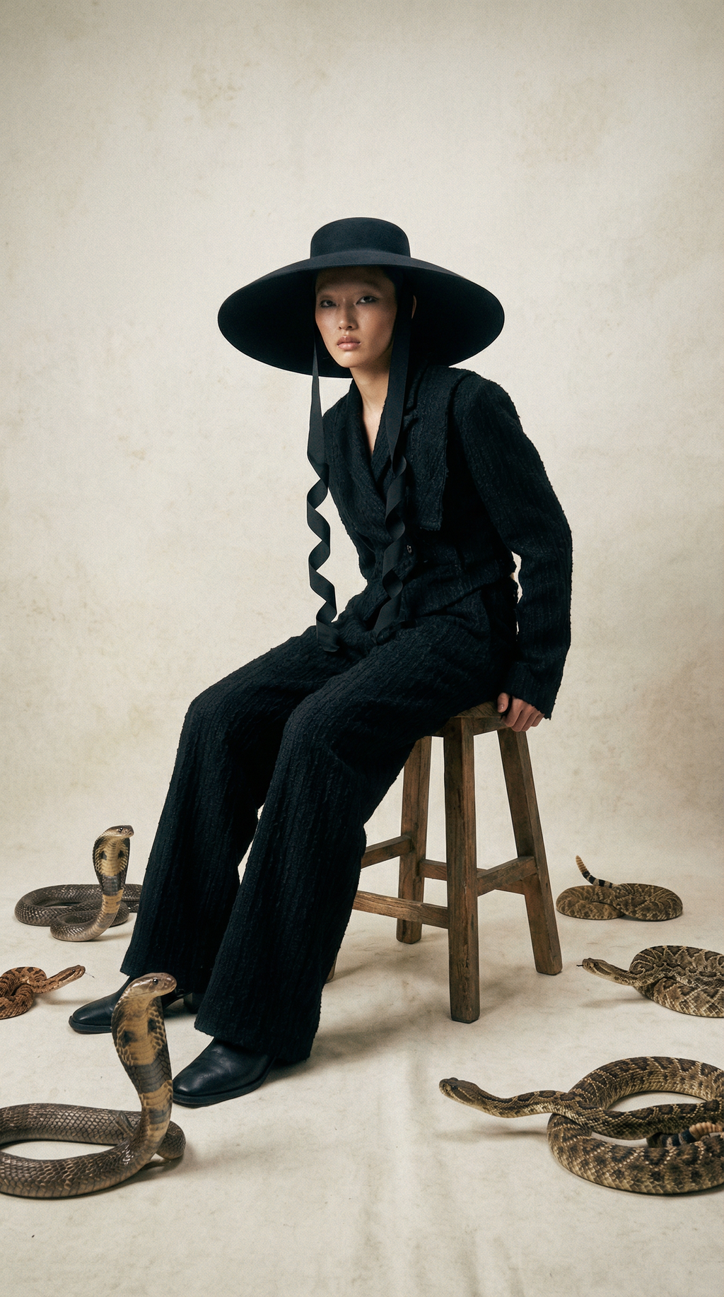 Audrey-Inspired Black Wide Brim Felt Hat with Ribbon