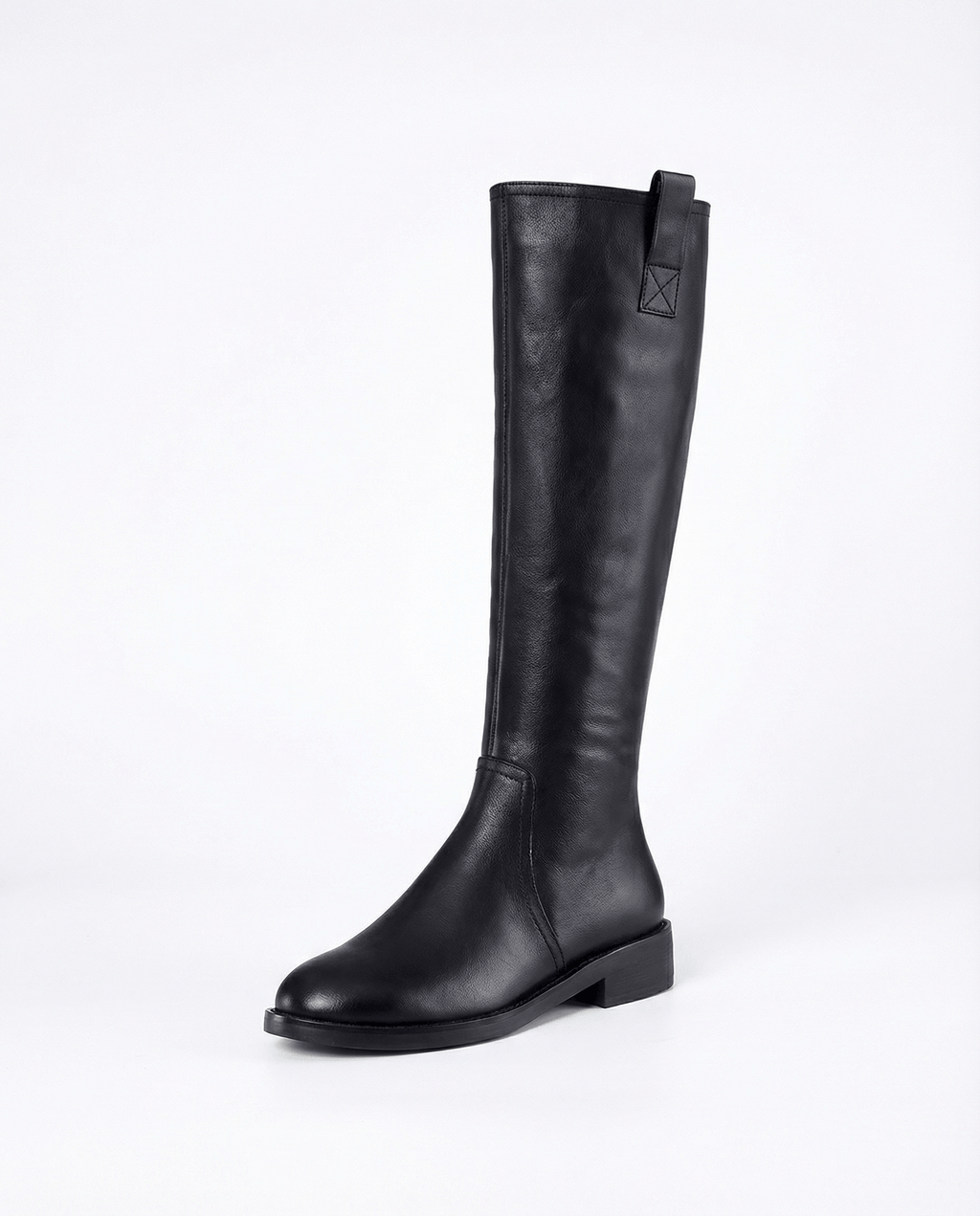 Knee High Leather Flat Equestrian Riding Boots Round Toe - Black