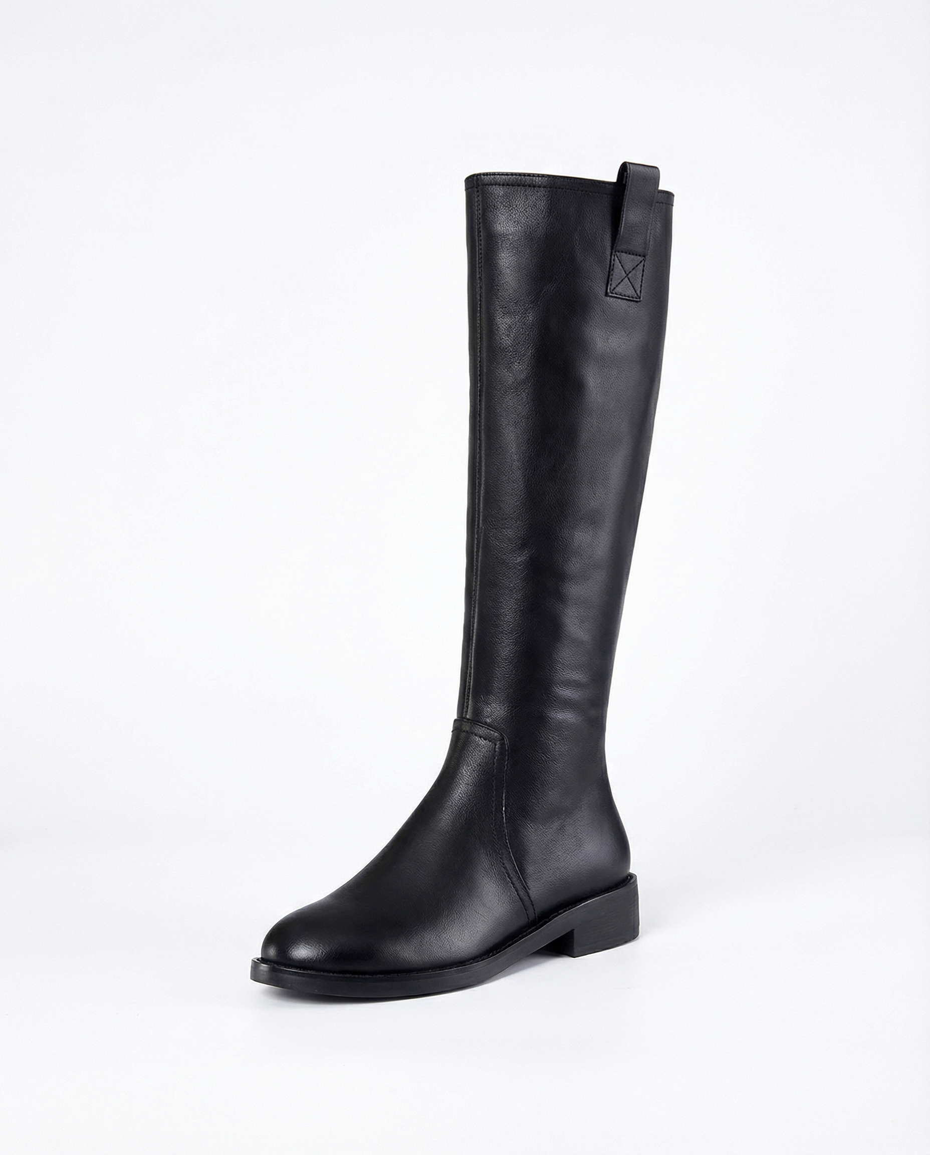 Knee High Leather Flat Equestrian Riding Boots Round Toe - Black