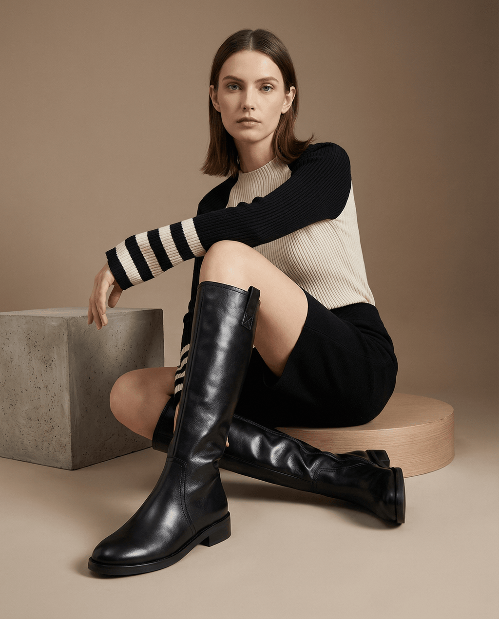 Knee High Leather Flat Equestrian Riding Boots Round Toe - Black