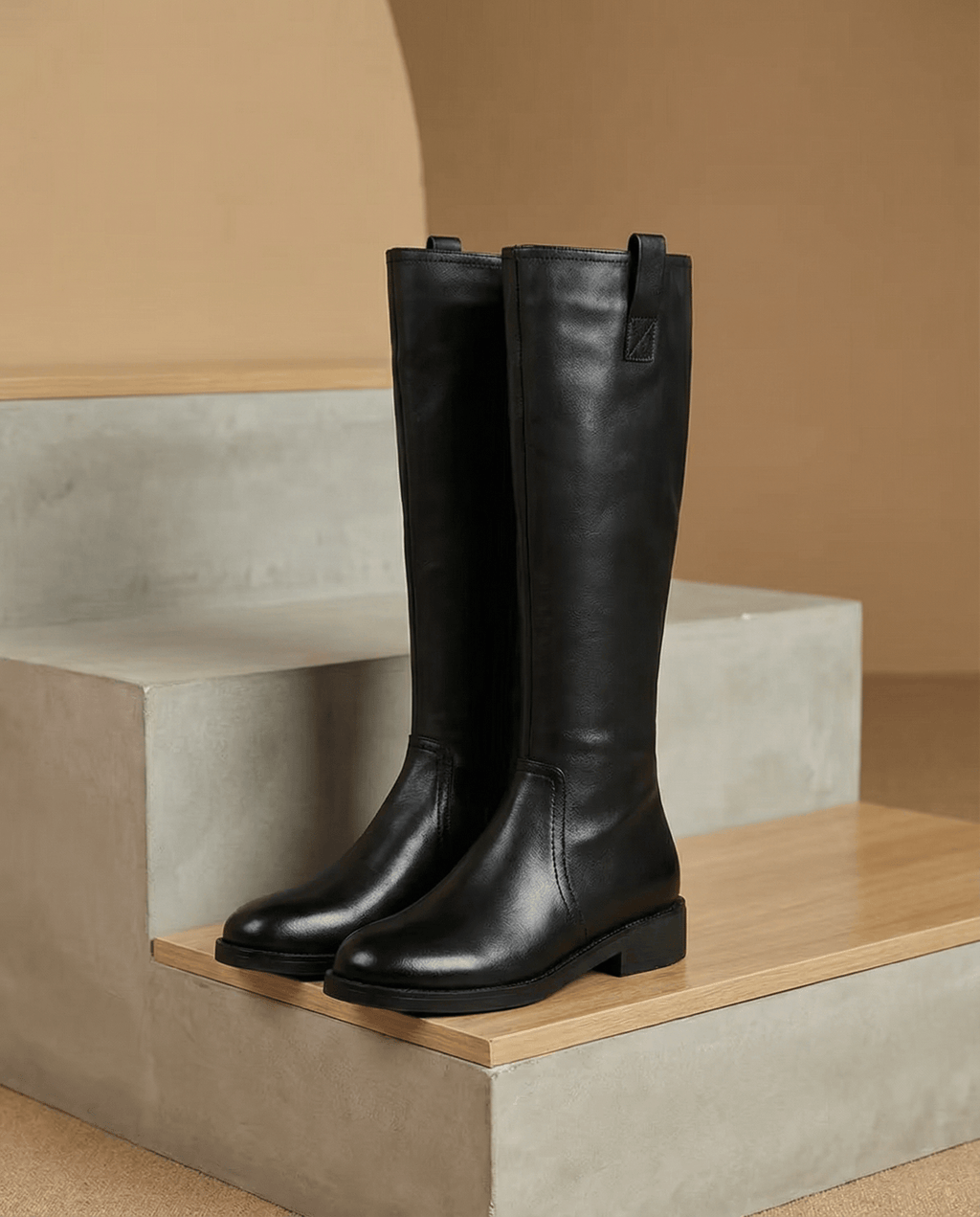 Knee High Leather Flat Equestrian Riding Boots Round Toe - Black