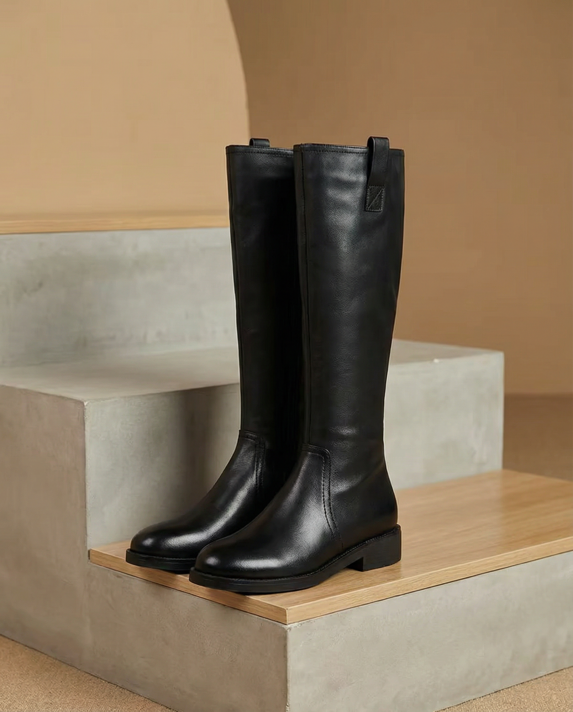 Knee High Leather Flat Equestrian Riding Boots Round Toe - Black