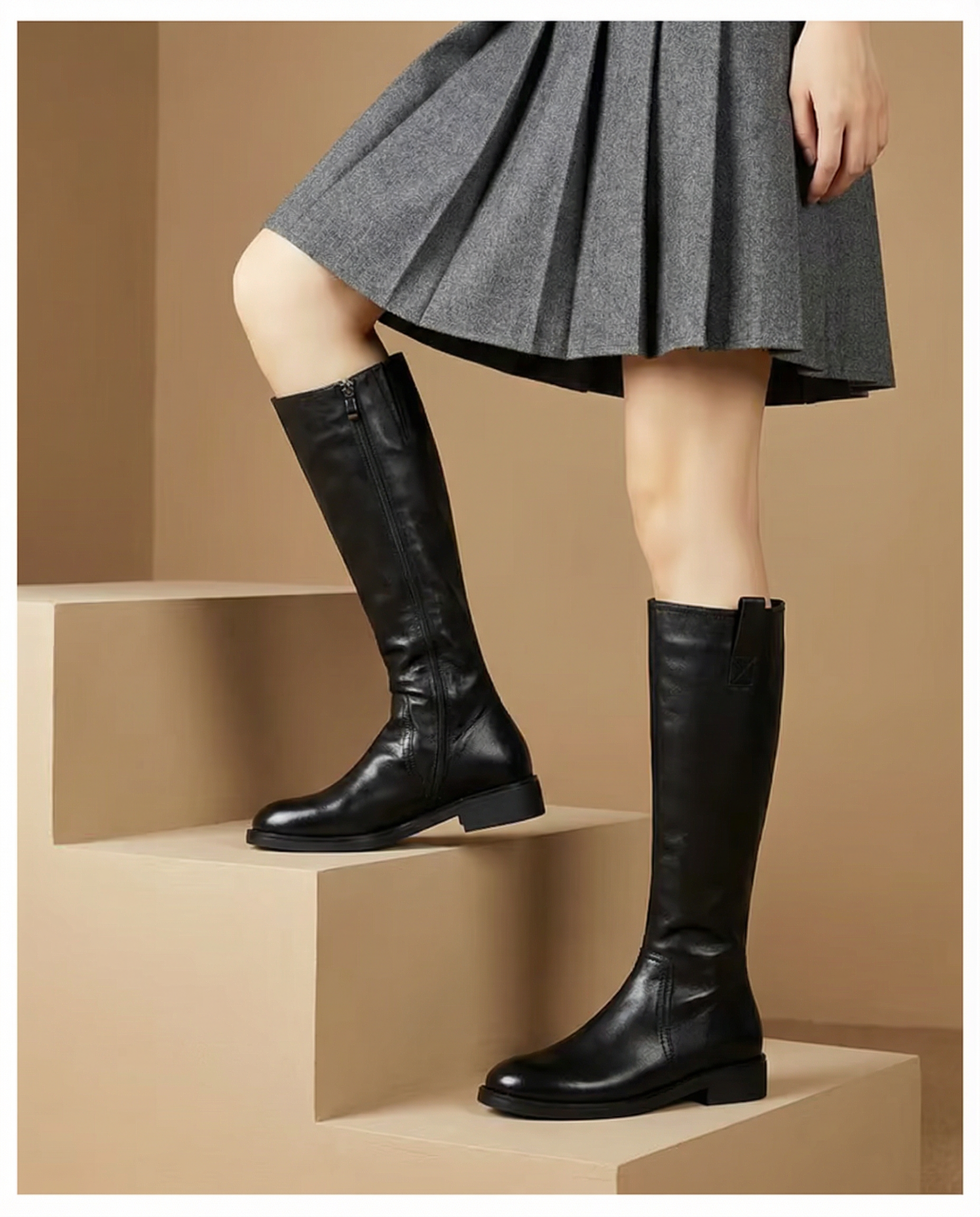 Knee High Leather Flat Equestrian Riding Boots Round Toe - Black