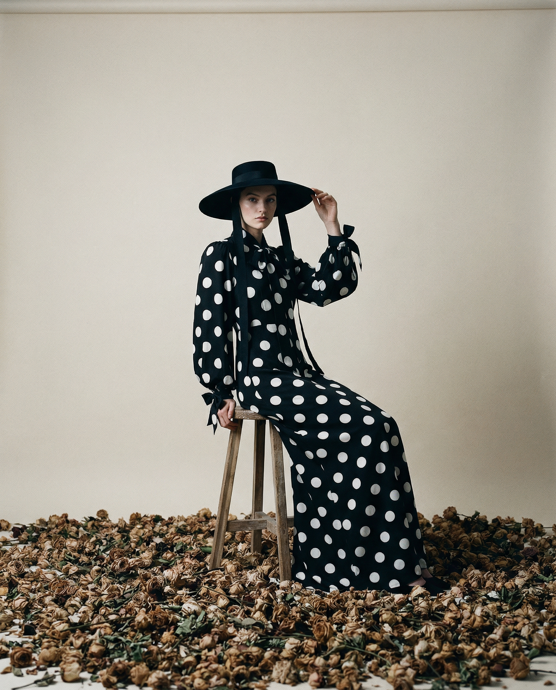 Polka-Dot Silk Maxi Dress with Pussy-Bow Neck