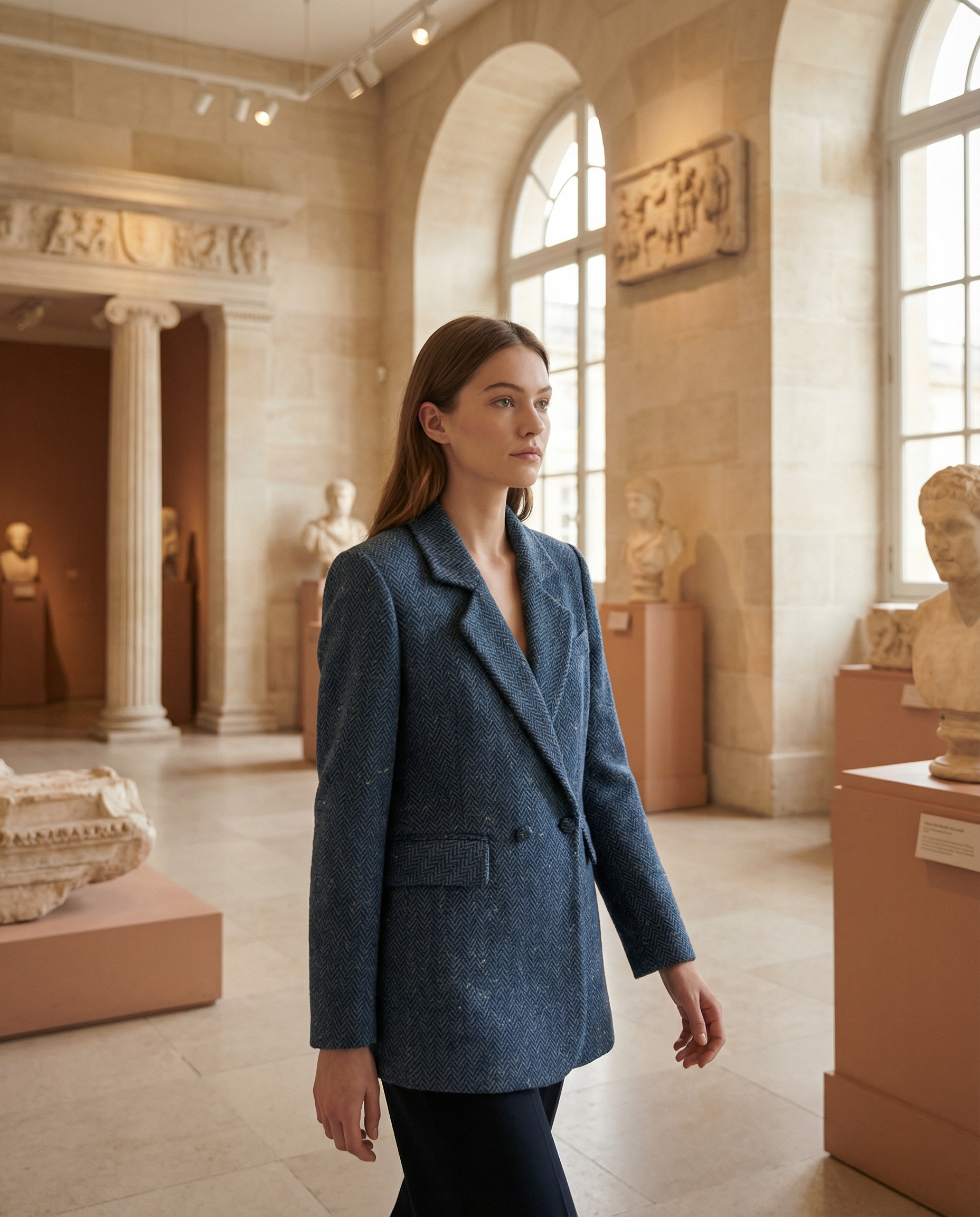 Navy Herringbone Long Blazer – Double Lapel Collar, Fabric-Covered Buttons, Loose Fit