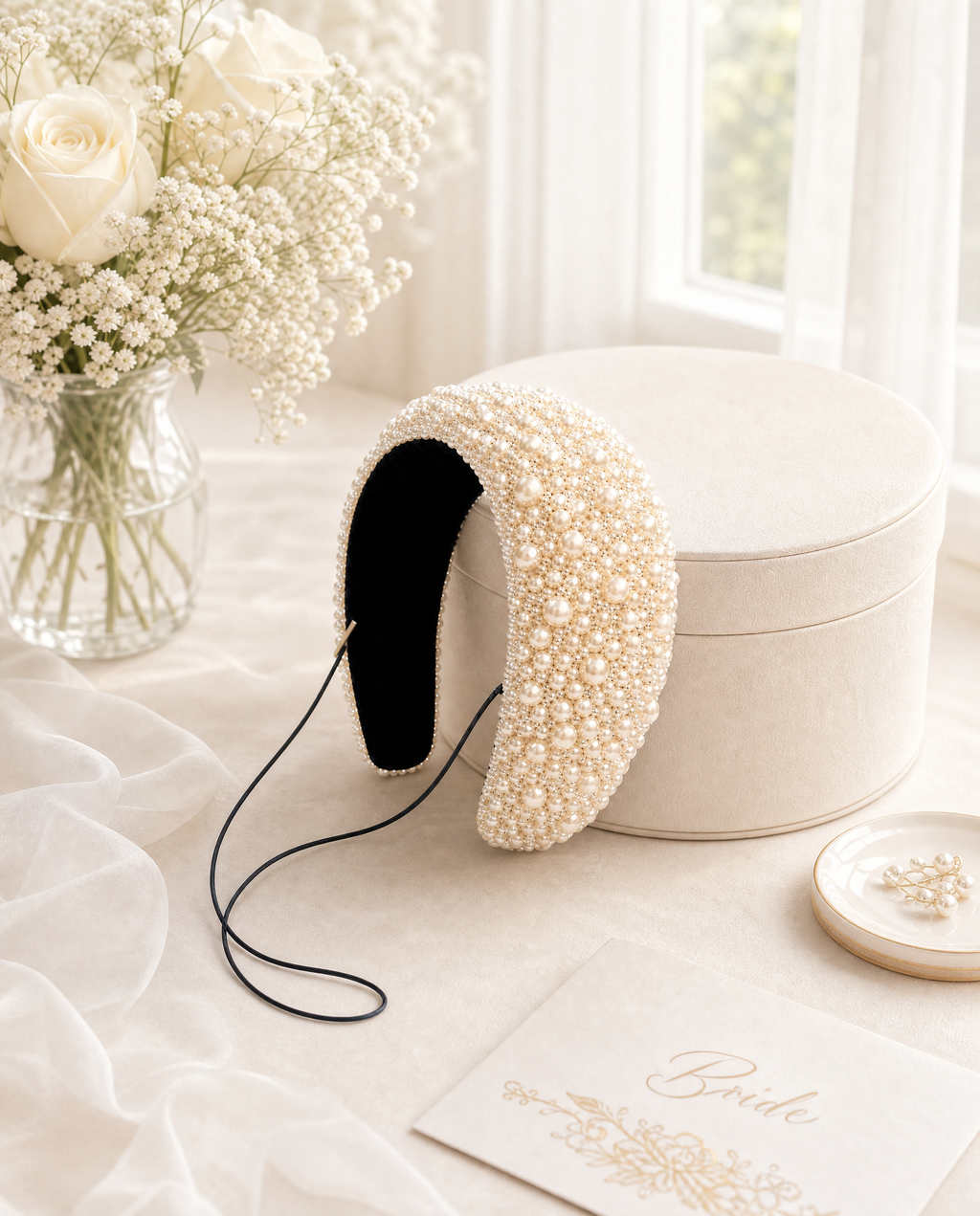 The Heirloom Pearl Couture Headband – Hand-Embroidered Bridal Statement Piece