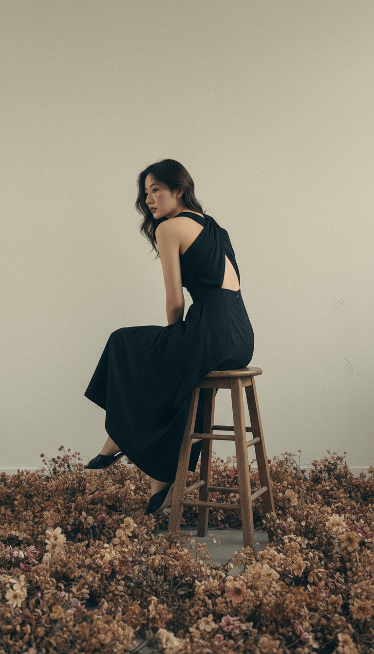 Woman in a black dress sitting on a wooden stool amidst flowers against a plain background