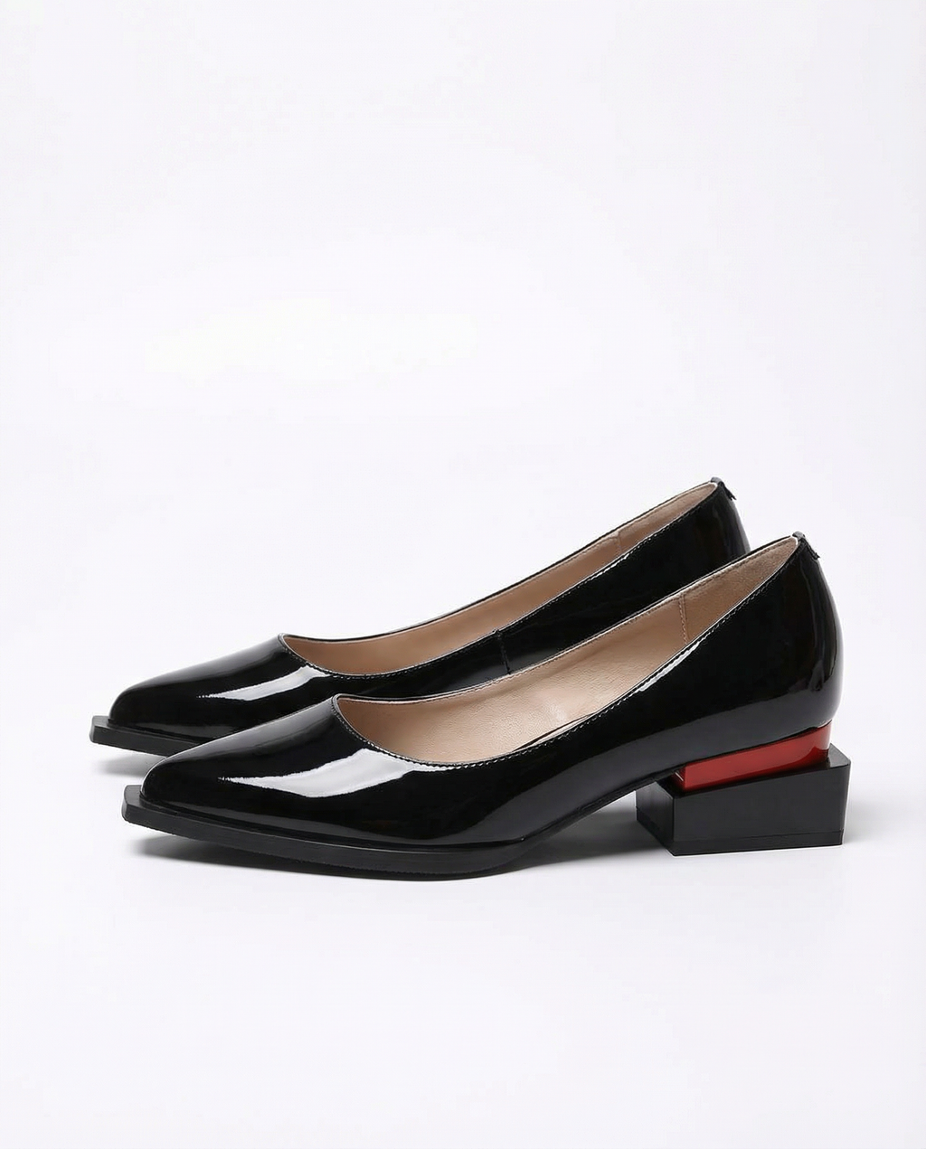 Patent Leather Low-Heel Pumps with Sculptural Block Heel
