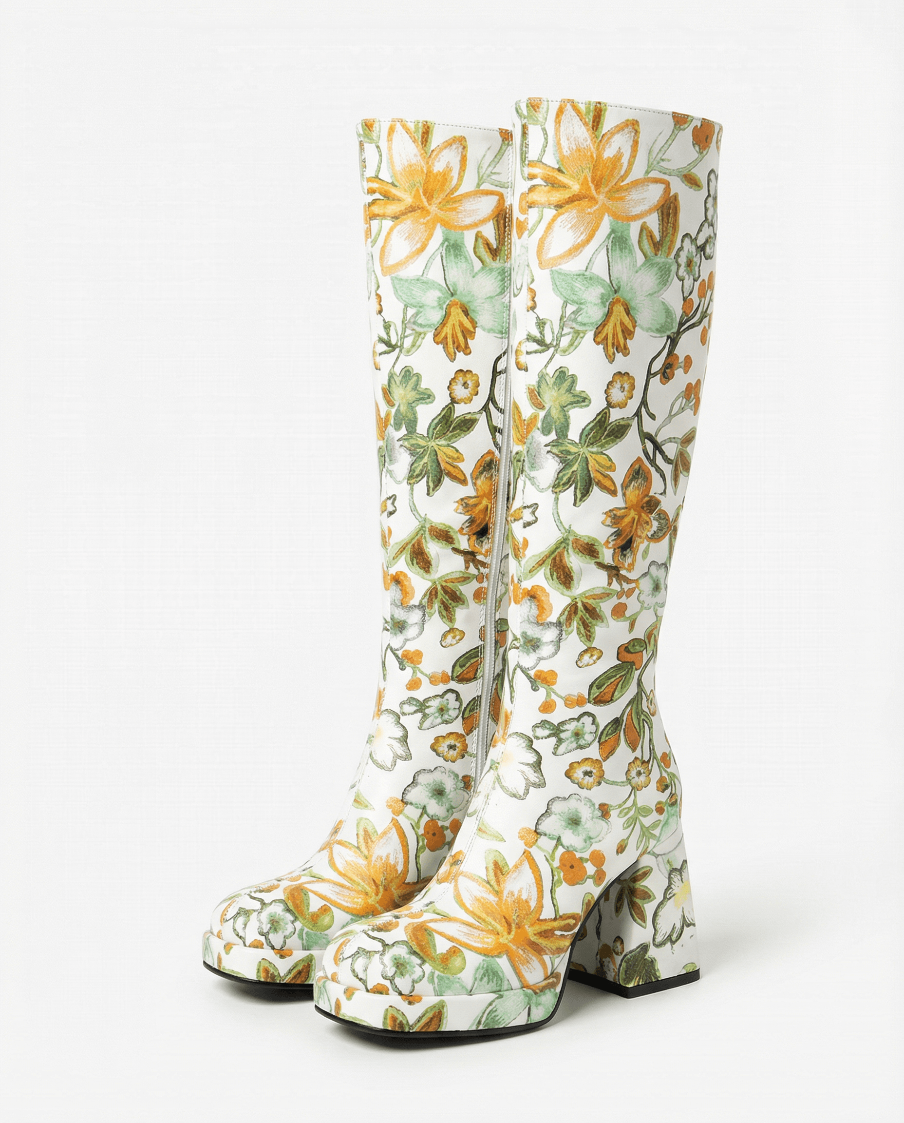 Floral Knee High Platform Boots with Block Heel