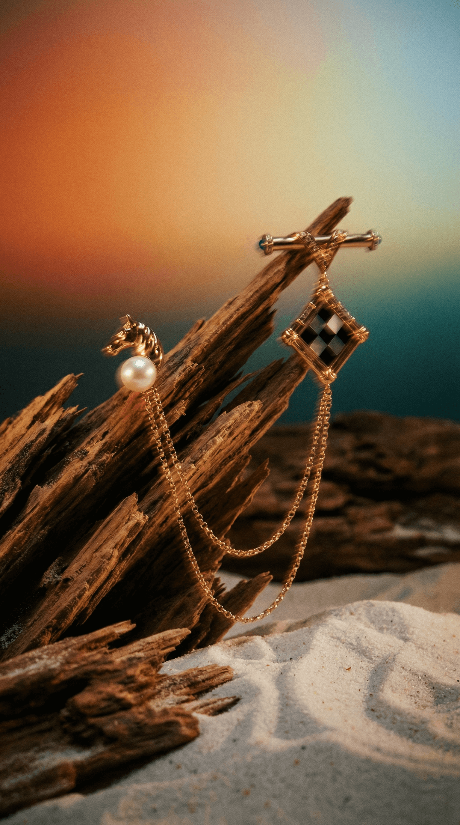 Gold Double Chain Brooch – Horse Head & Checkerboard Vintage Pin