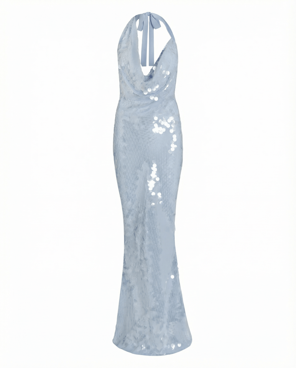 Asymmetric Cowl Neck Halterneck Sequin Gown in Ice Blue