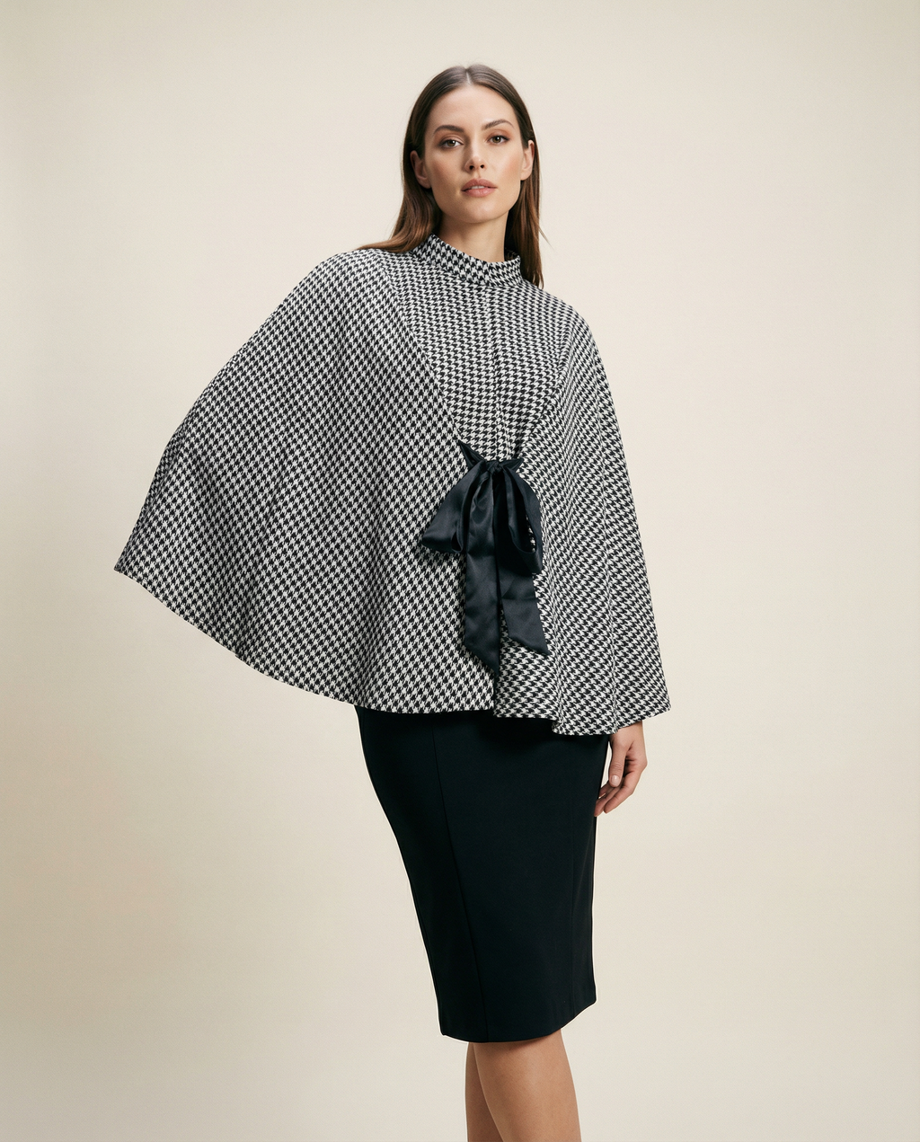 Houndtooth Cape Coat with Contrast Ties