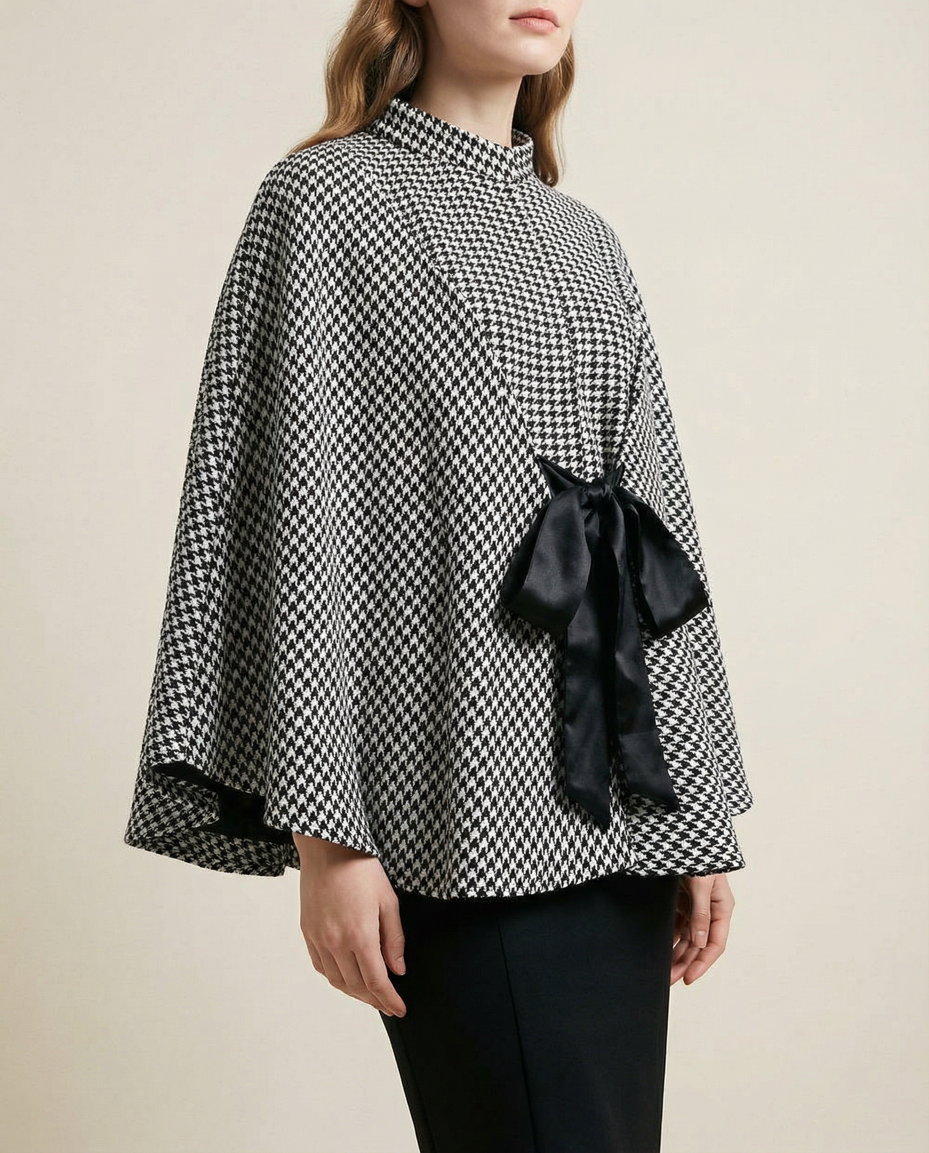 Houndtooth Cape Coat with Contrast Ties