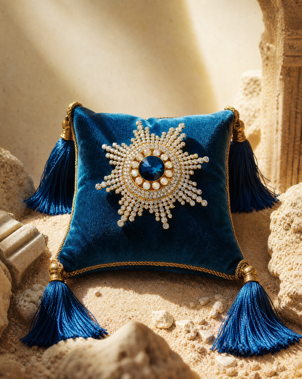 Regal Insignia Crystal Brooch - Saphire Blue and Gold Statement Pin