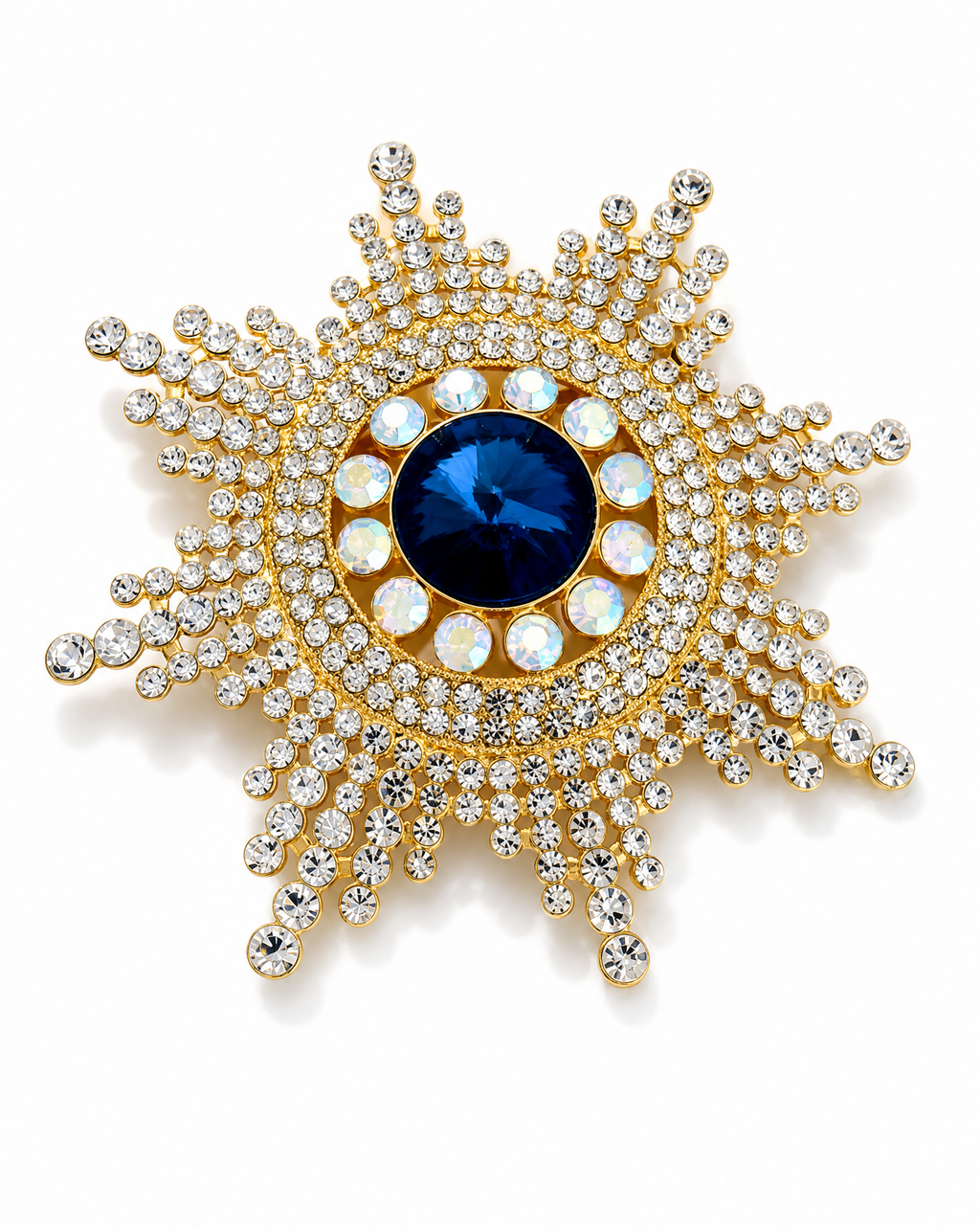 Regal Insignia Crystal Brooch - Saphire Blue and Gold Statement Pin