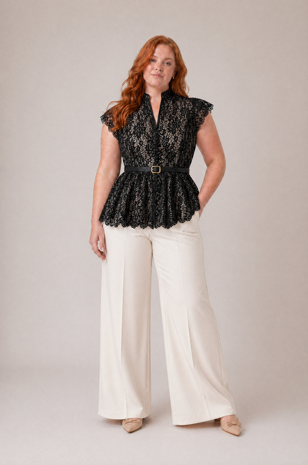 Lace Peplum Top with Belt and Pearl Buttons