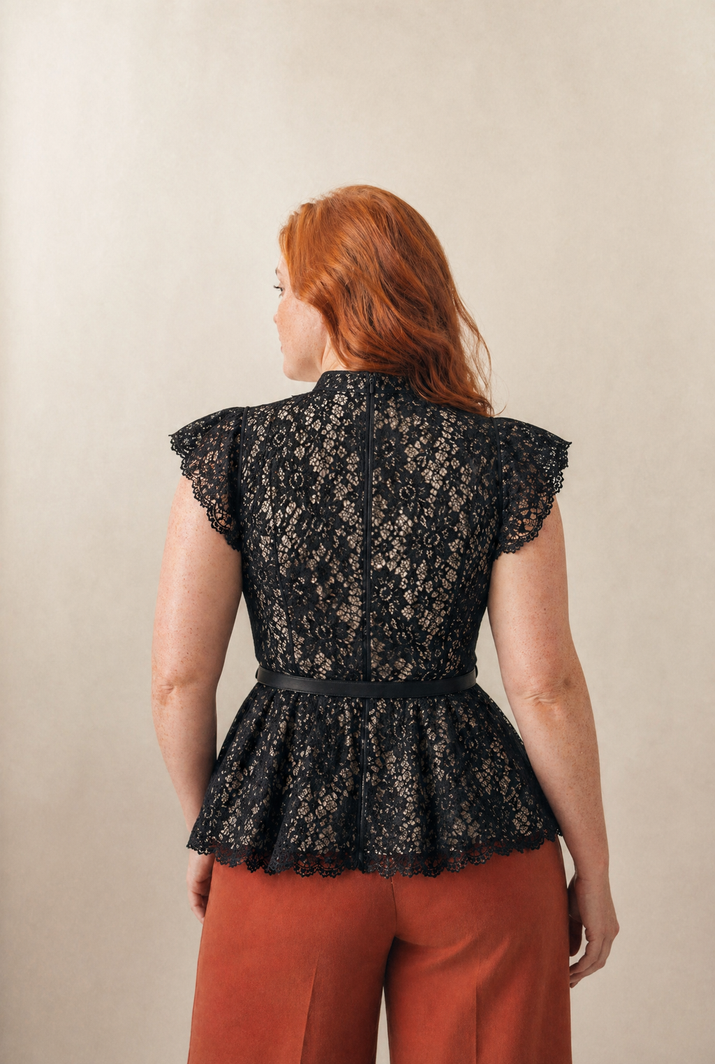 Lace Peplum Top with Belt and Pearl Buttons