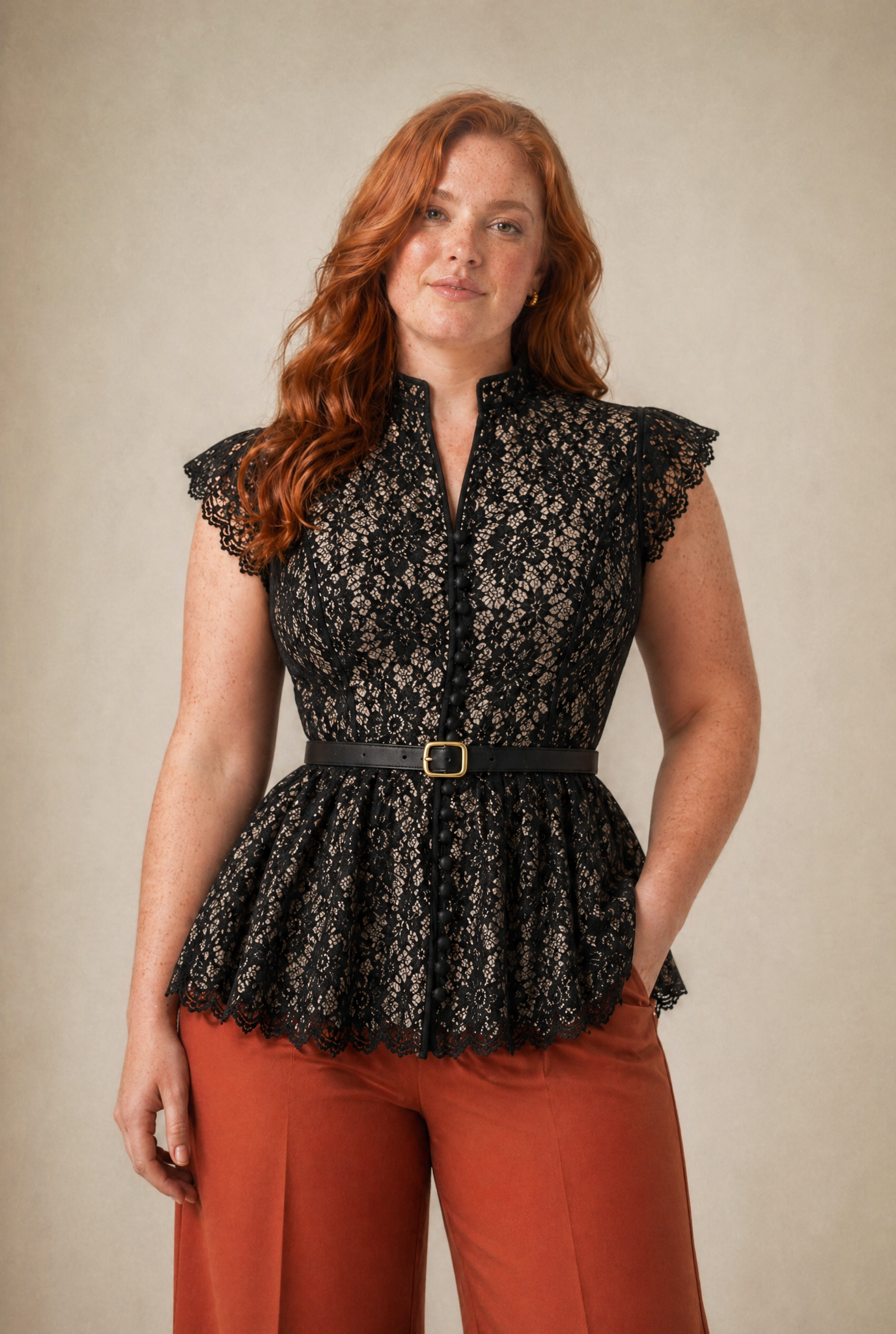 Lace Peplum Top with Belt and Pearl Buttons