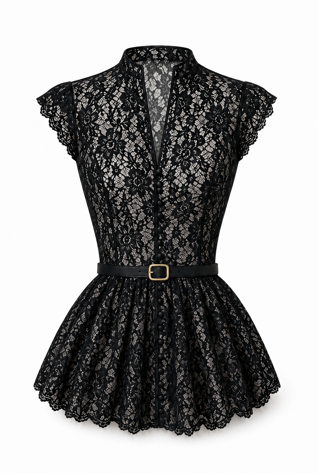 Lace Peplum Top with Belt and Pearl Buttons
