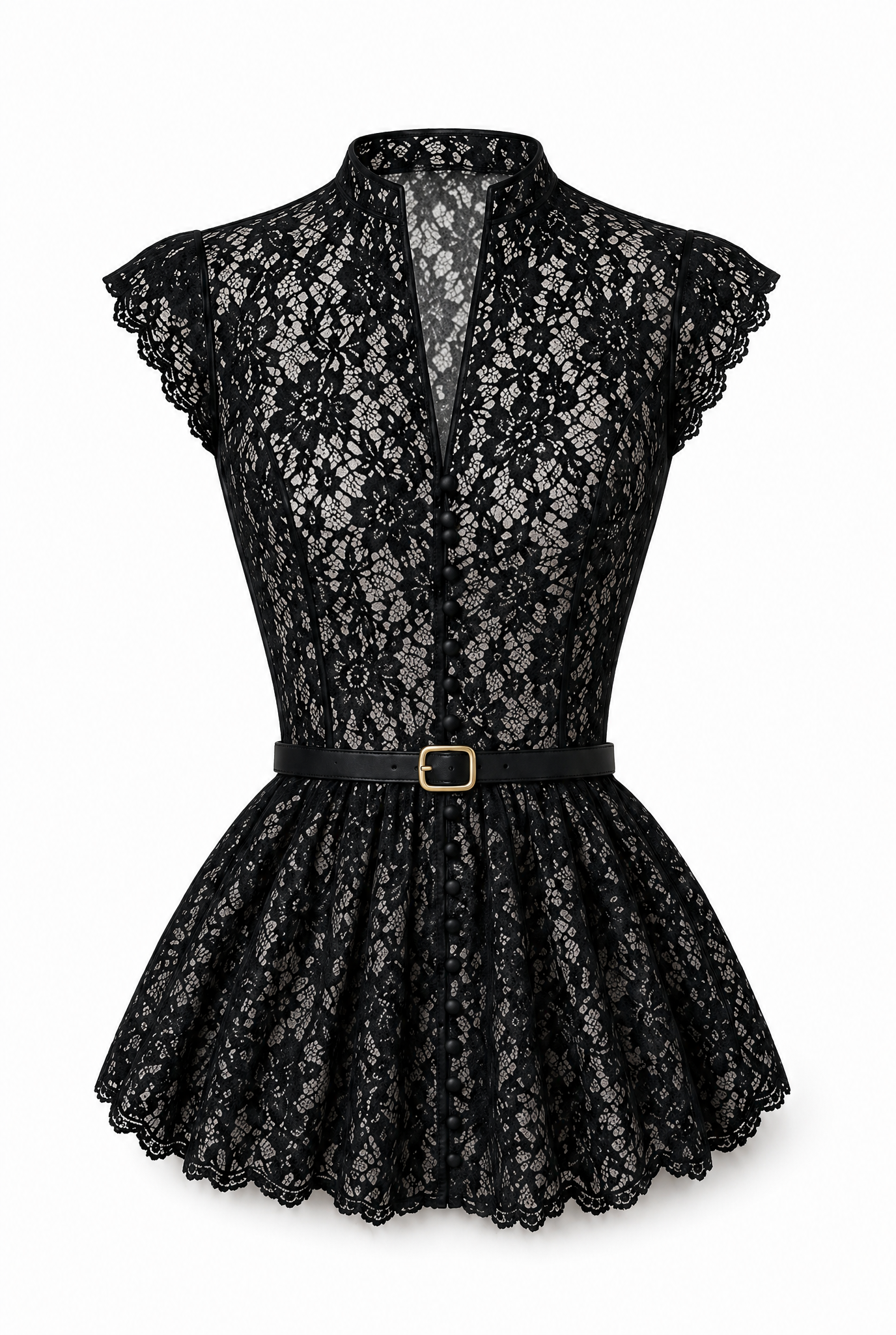 Lace Peplum Top with Belt and Pearl Buttons