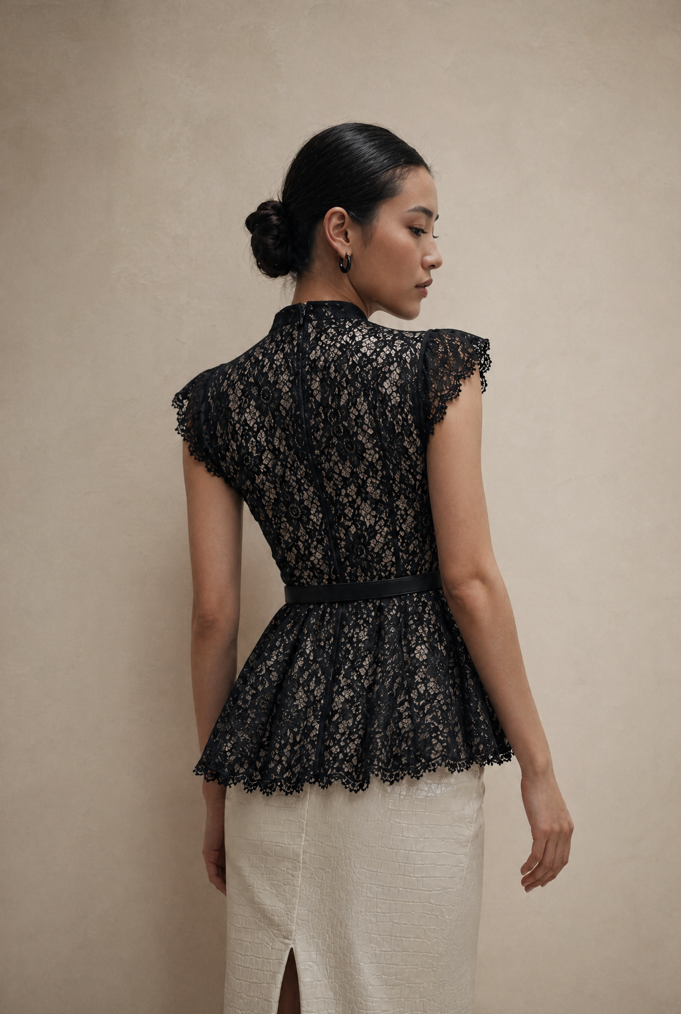Lace Peplum Top with Belt and Pearl Buttons