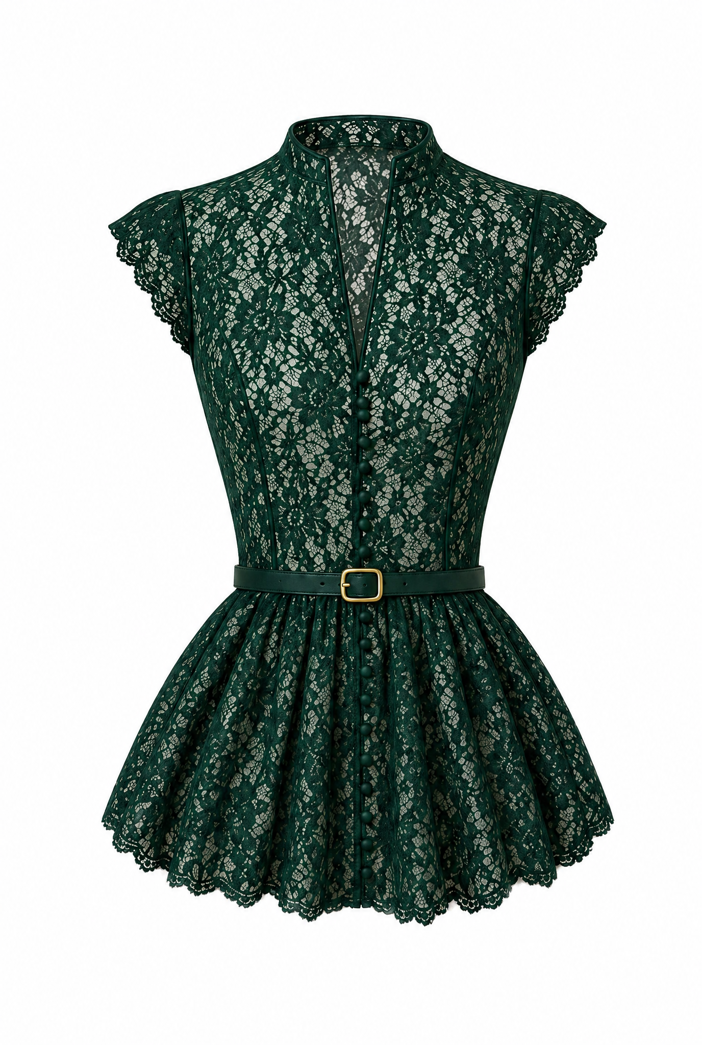 Lace Peplum Top with Belt and Pearl Buttons