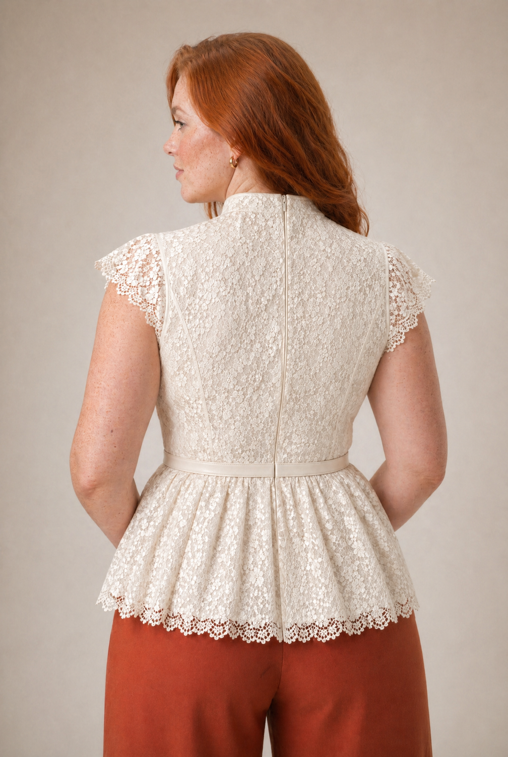 Lace Peplum Top with Belt and Pearl Buttons