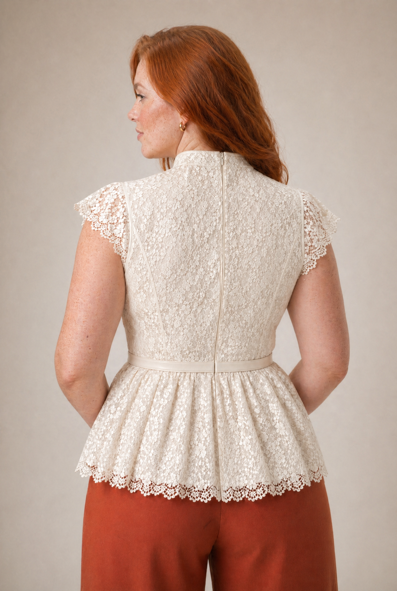 Lace Peplum Top with Belt and Pearl Buttons
