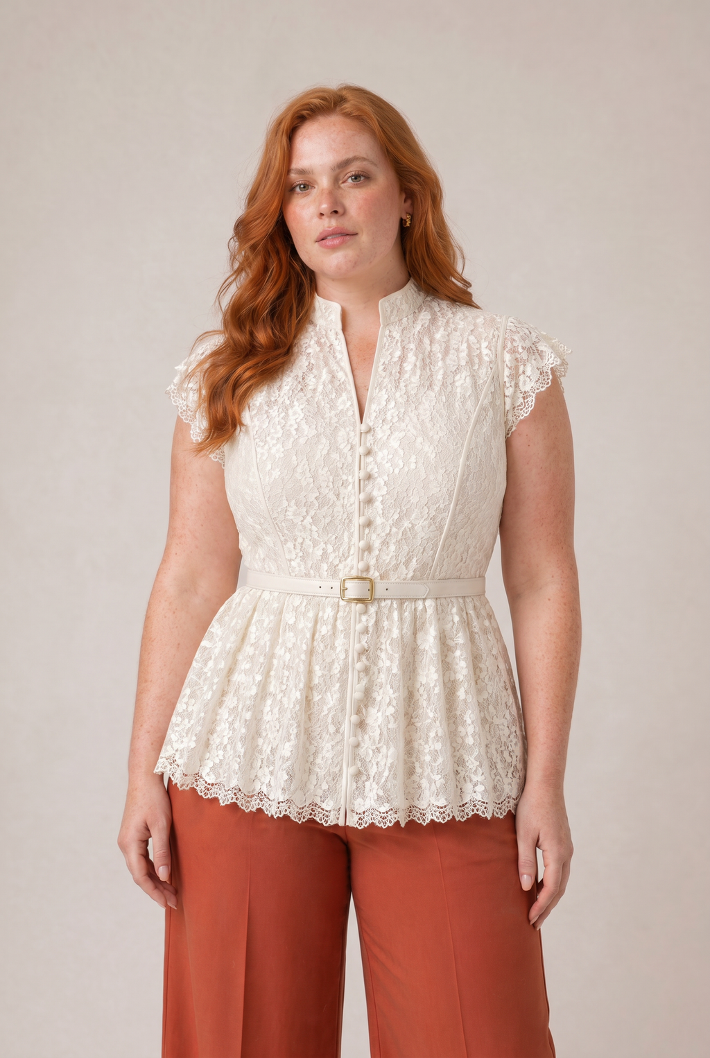 Lace Peplum Top with Belt and Pearl Buttons