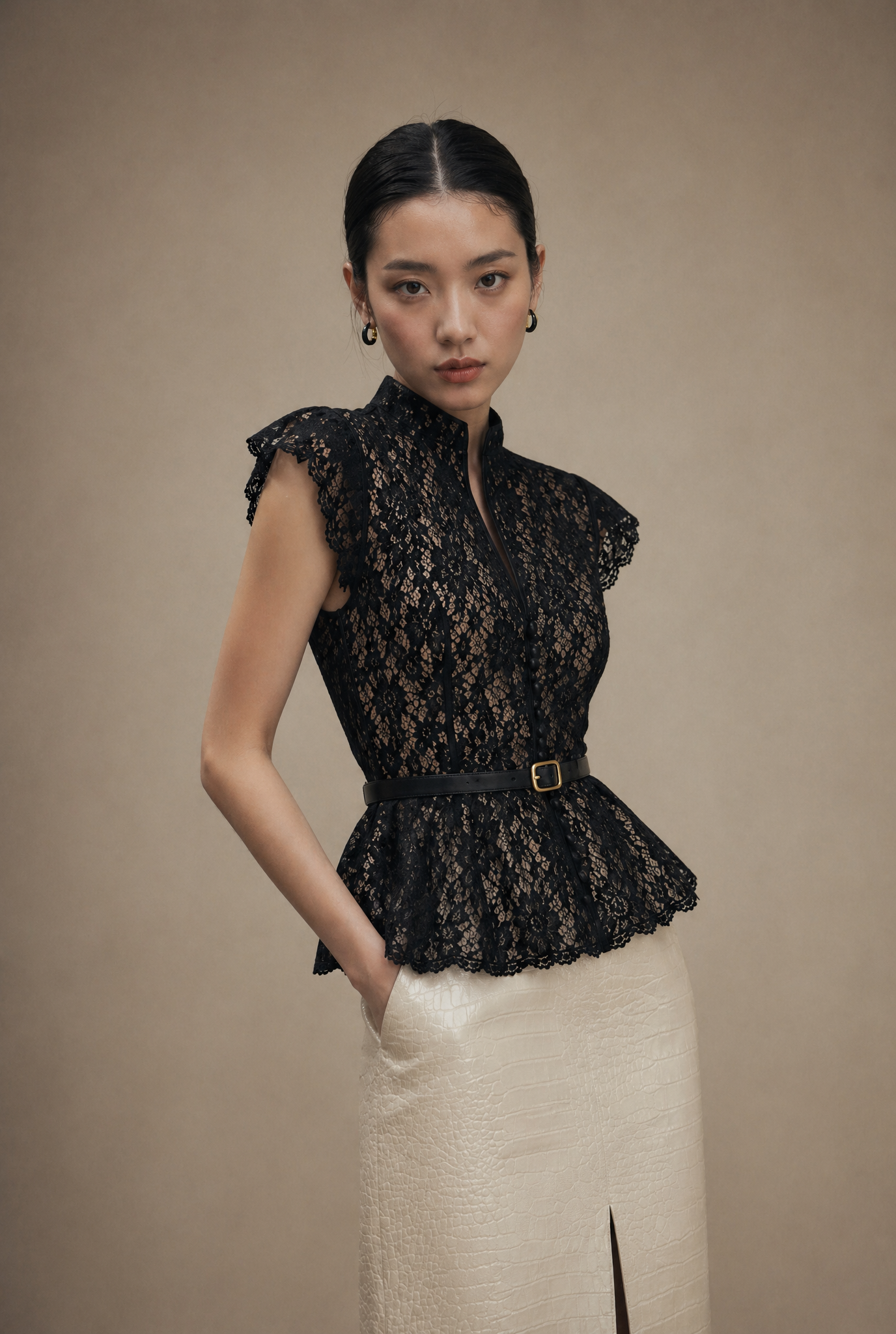 Lace Peplum Top with Belt and Pearl Buttons