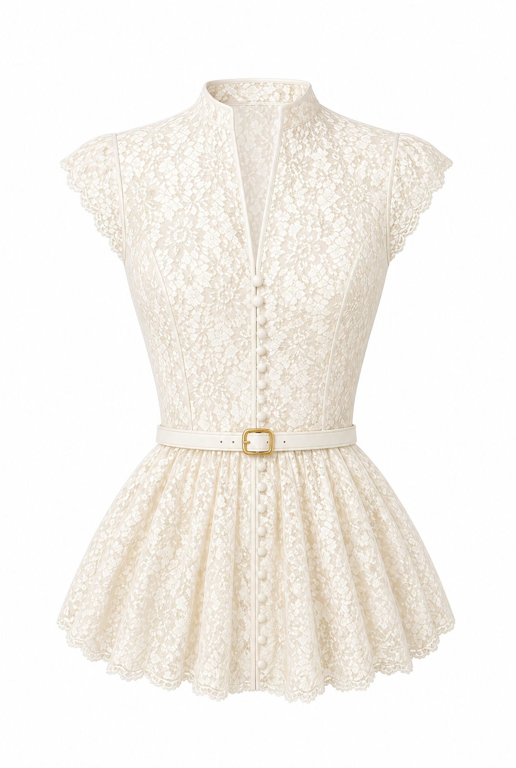 Lace Peplum Top with Belt and Pearl Buttons