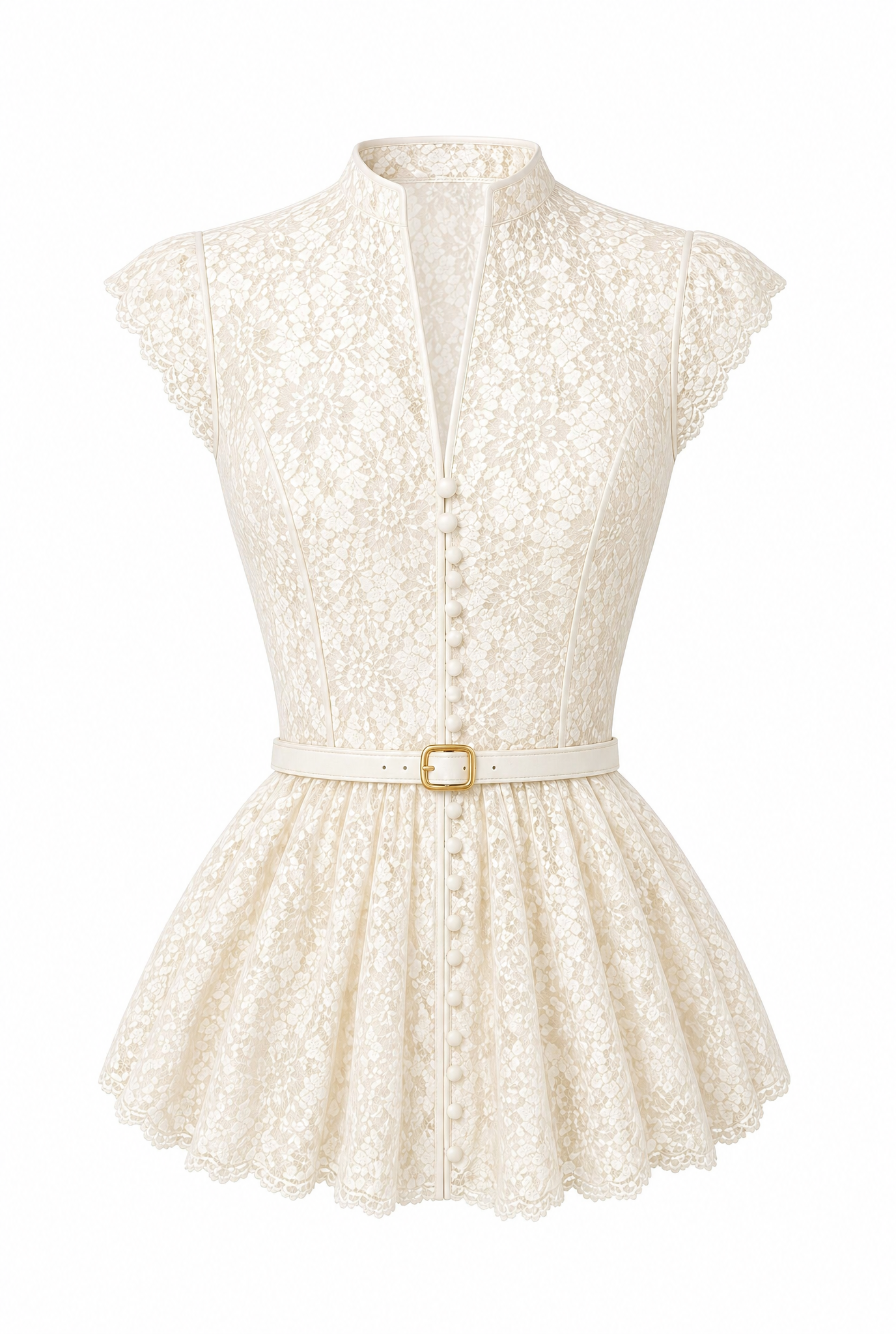 Lace Peplum Top with Belt and Pearl Buttons