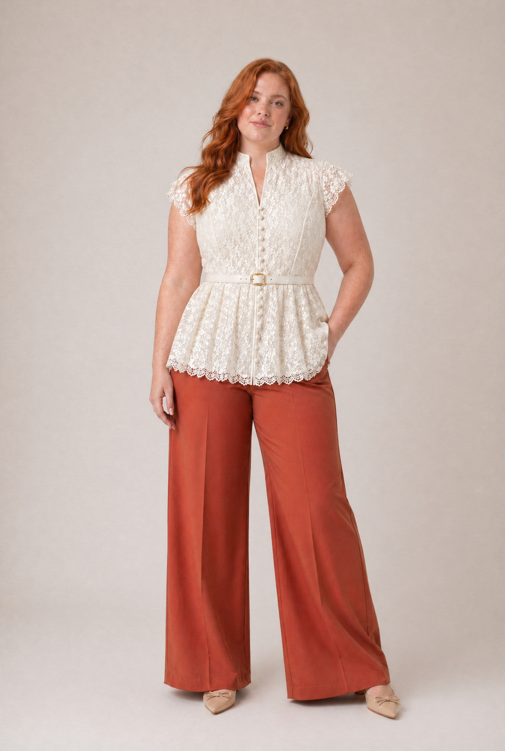 Lace Peplum Top with Belt and Pearl Buttons