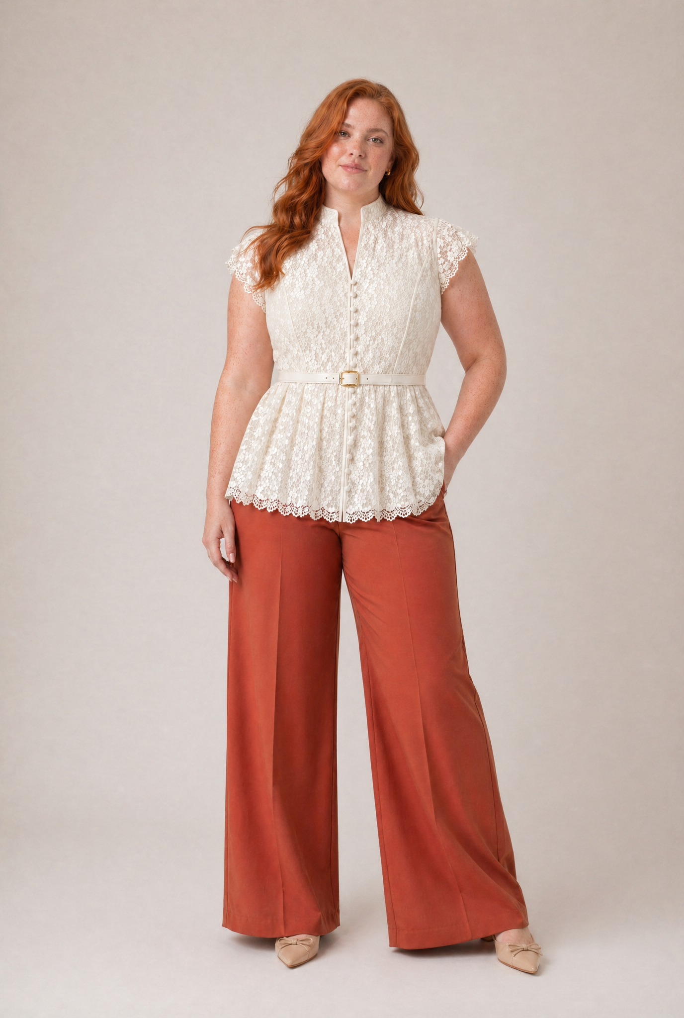 Lace Peplum Top with Belt and Pearl Buttons