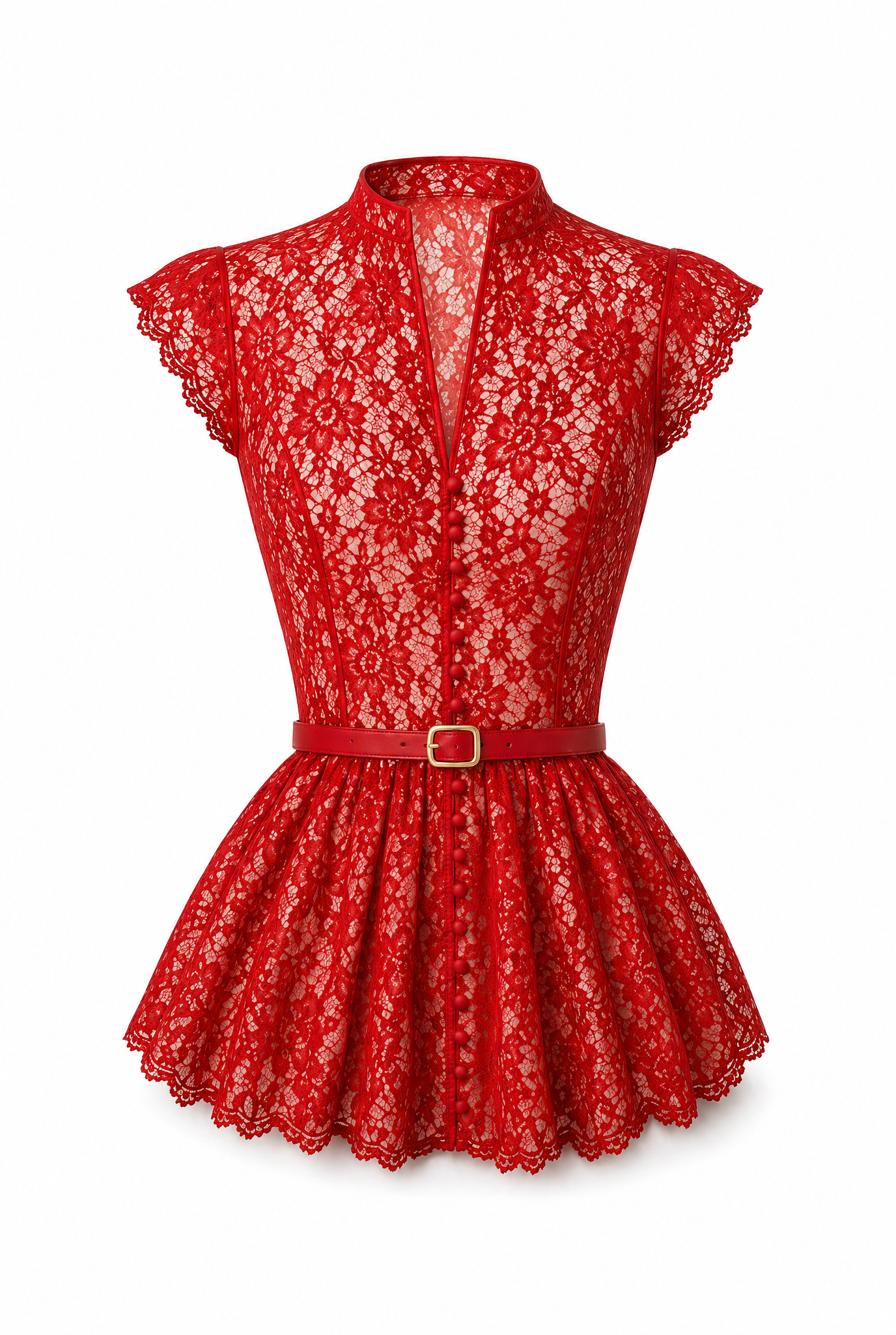 Lace Peplum Top with Belt and Pearl Buttons