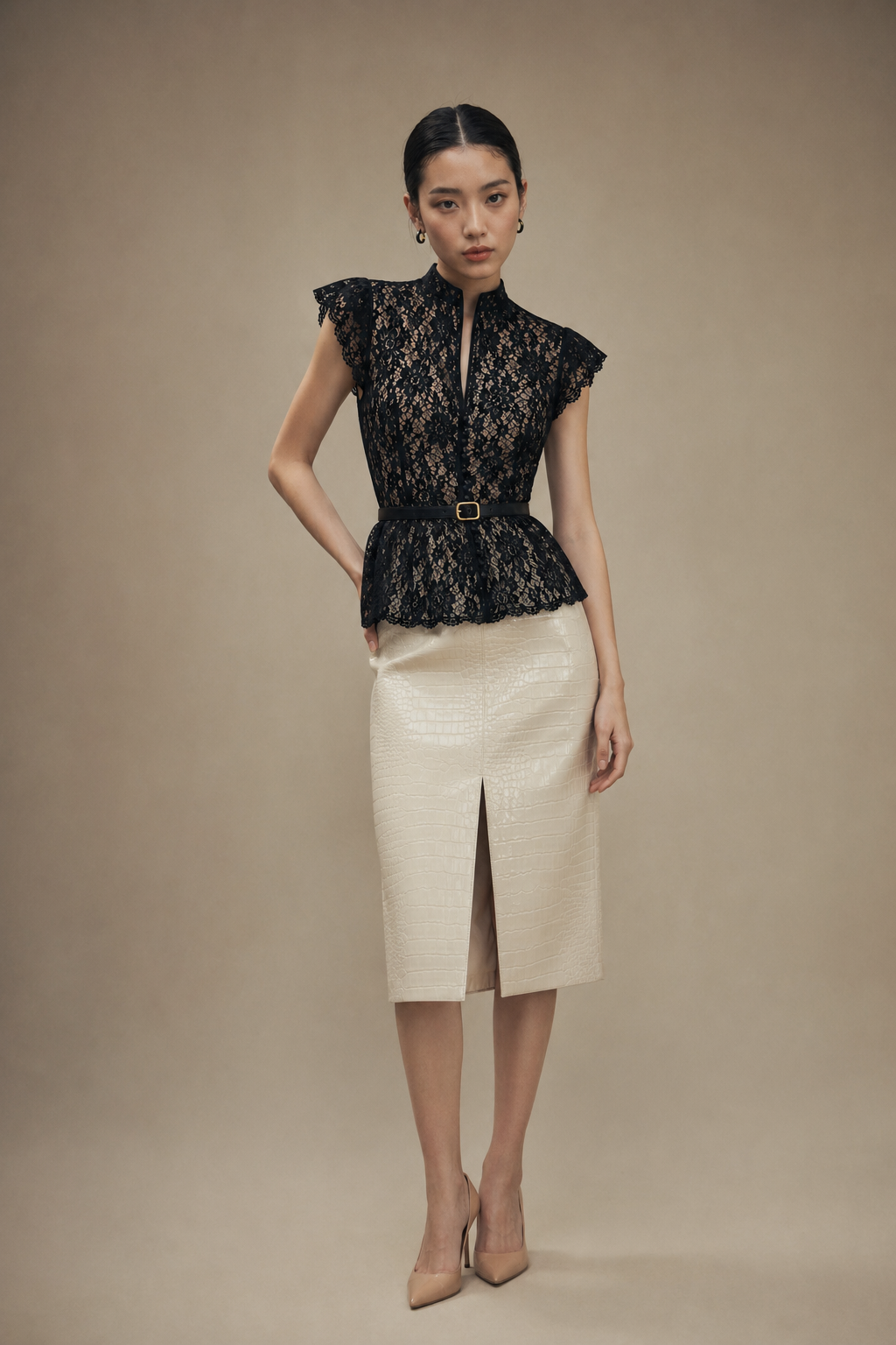 Lace Peplum Top with Belt and Pearl Buttons
