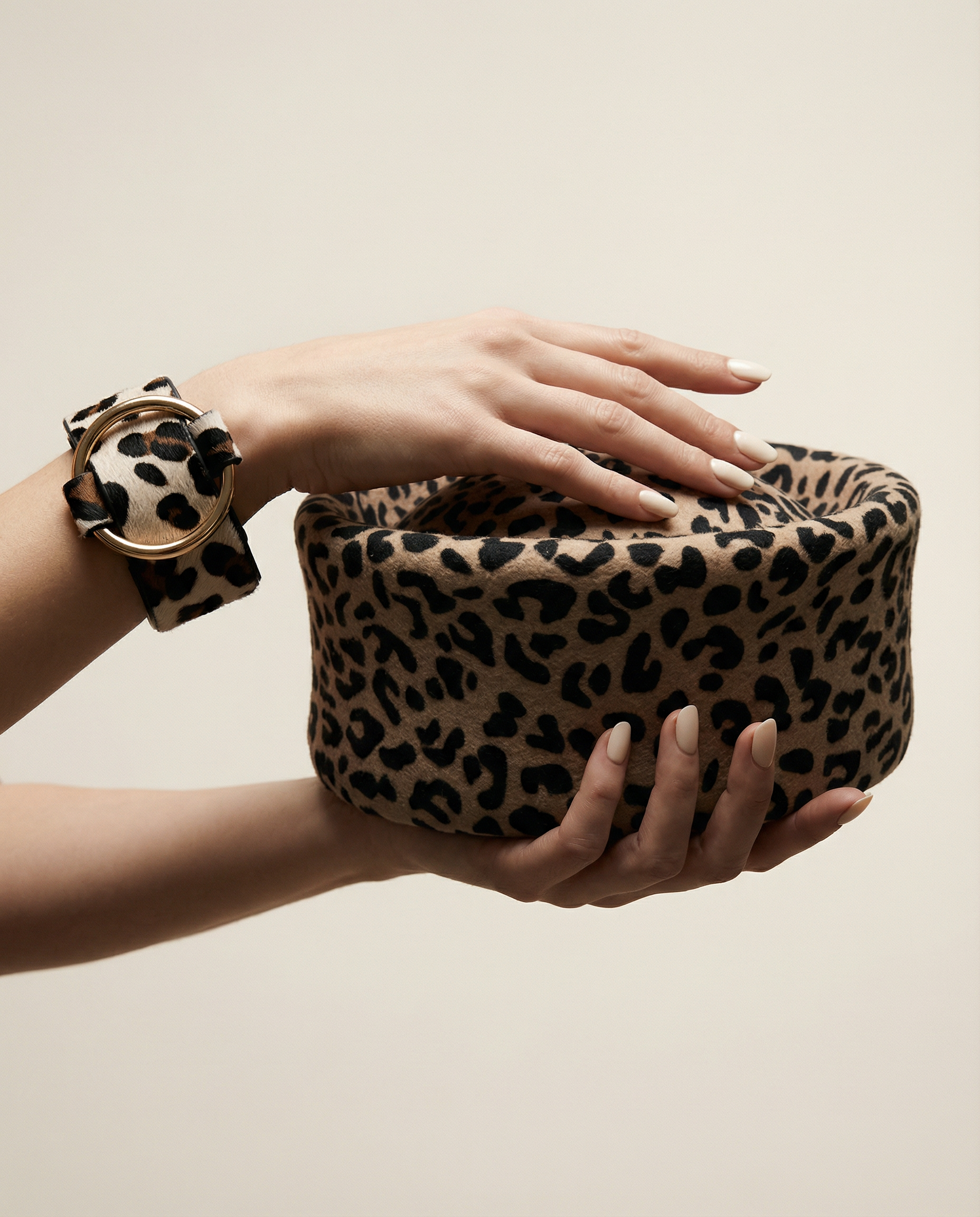 Leopard Print Leather Cuff Bracelet with Gold Ring