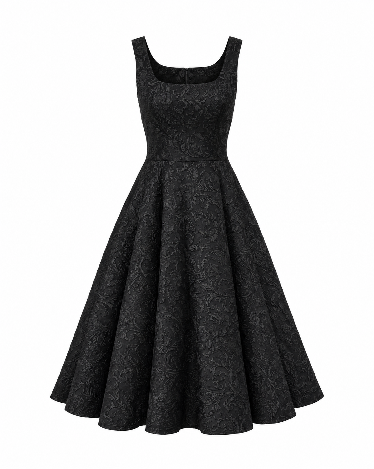Sleeveless Black Skater Midi with Square Neckline - Floral brocade