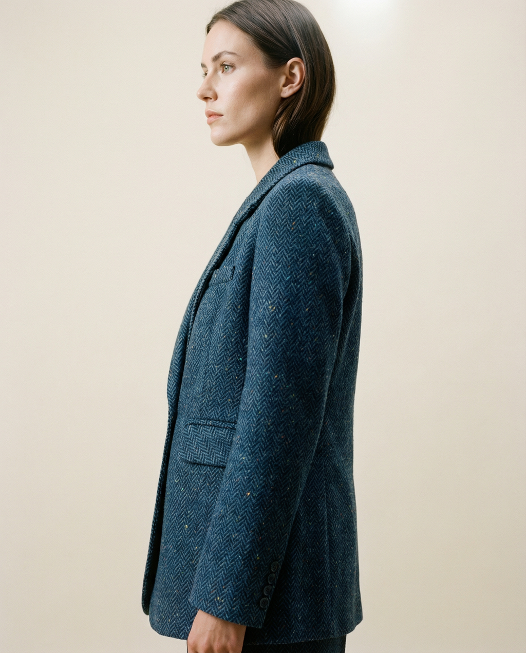 Navy Herringbone Long Blazer – Double Lapel Collar, Fabric-Covered Buttons, Loose Fit